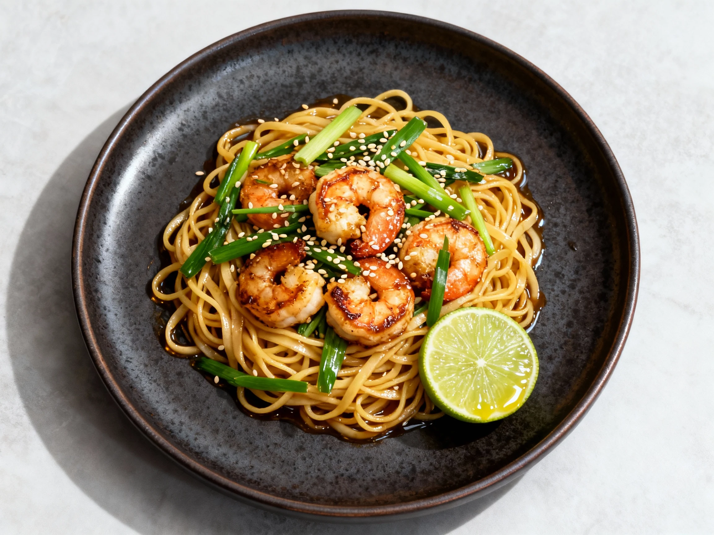 Food photography, Overhead bowl of noodles topped with shredded slow-cooker chicken, lacquered glaze clinging to strands
