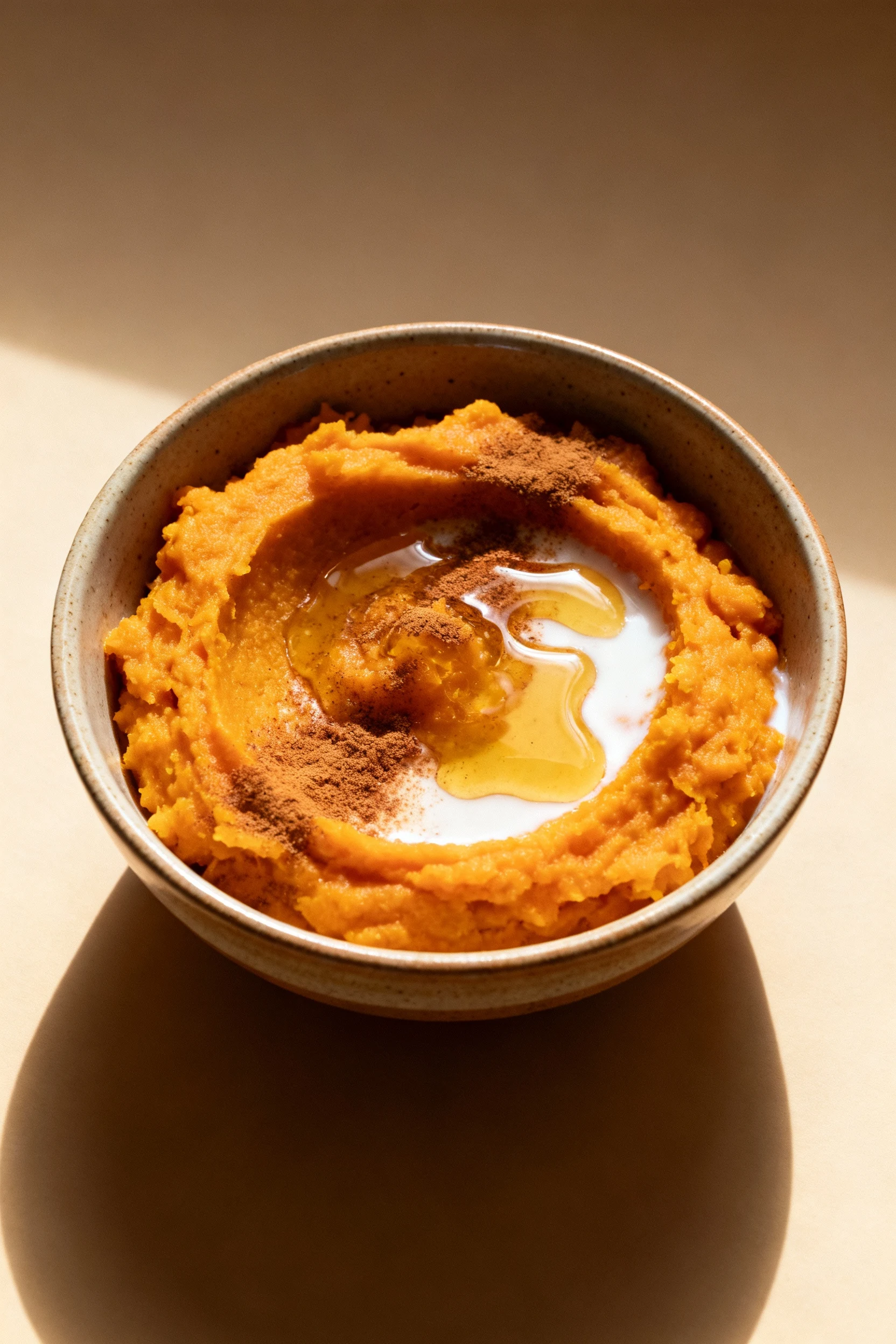 Overhead shot of a bowl of creamy mashed sweet potatoes blended with coconut milk, drizzled with golden honey, sprinkled