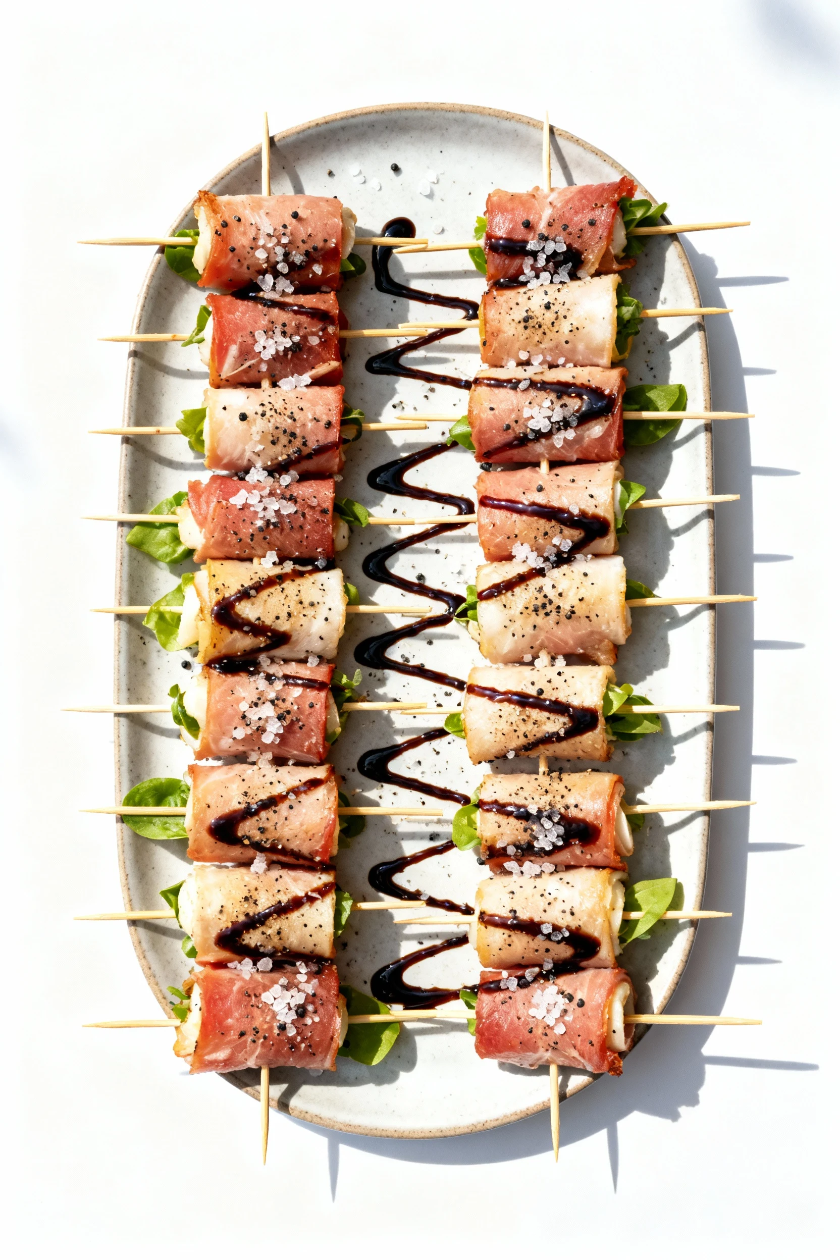2. Overhead shot of a serving platter filled with neatly arranged appetizer skewers, seasoned with sea salt and cracked 
