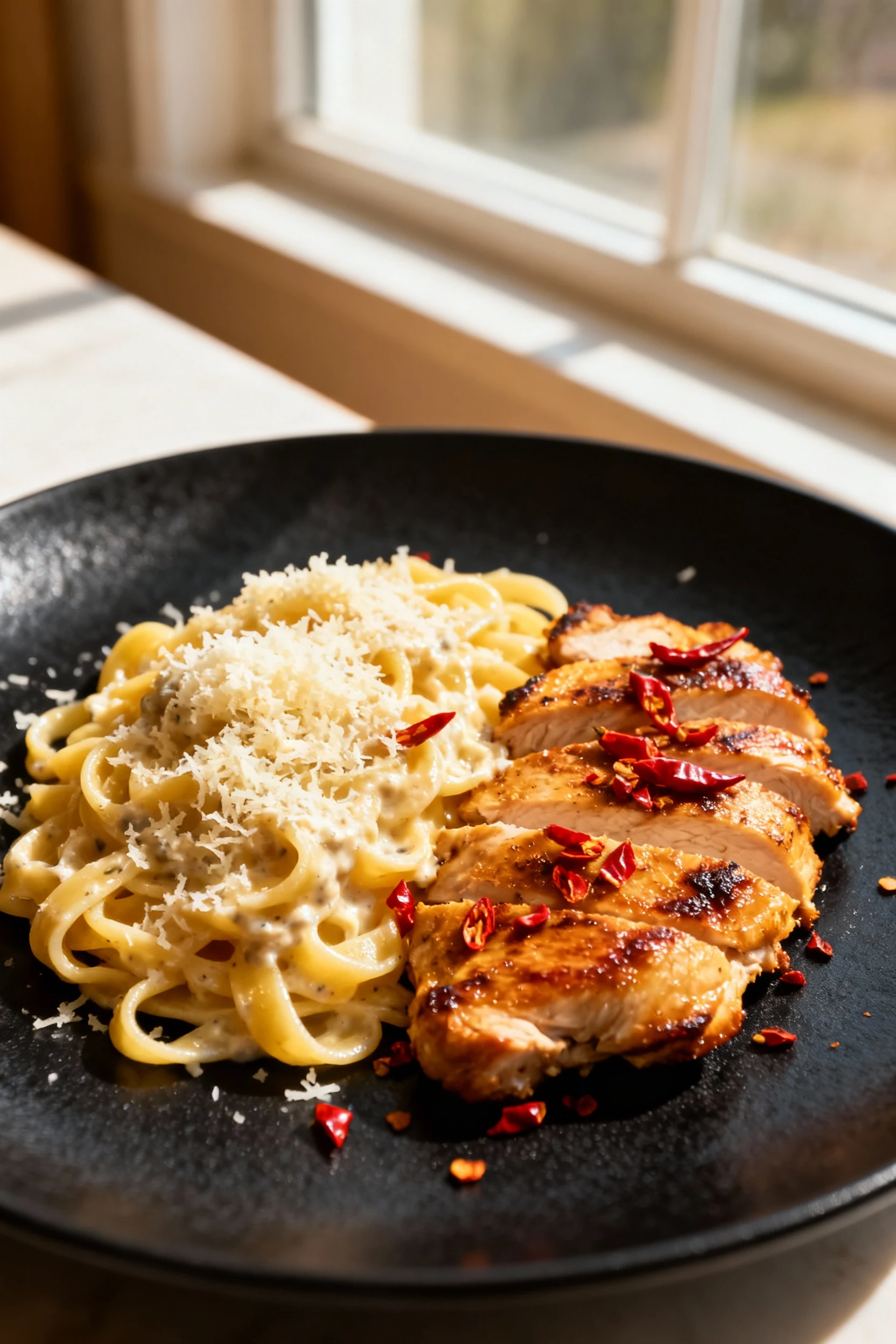 Restaurant-quality presentation of creamy Parmesan-coated pasta and seared chicken arranged neatly with a garnish of fre