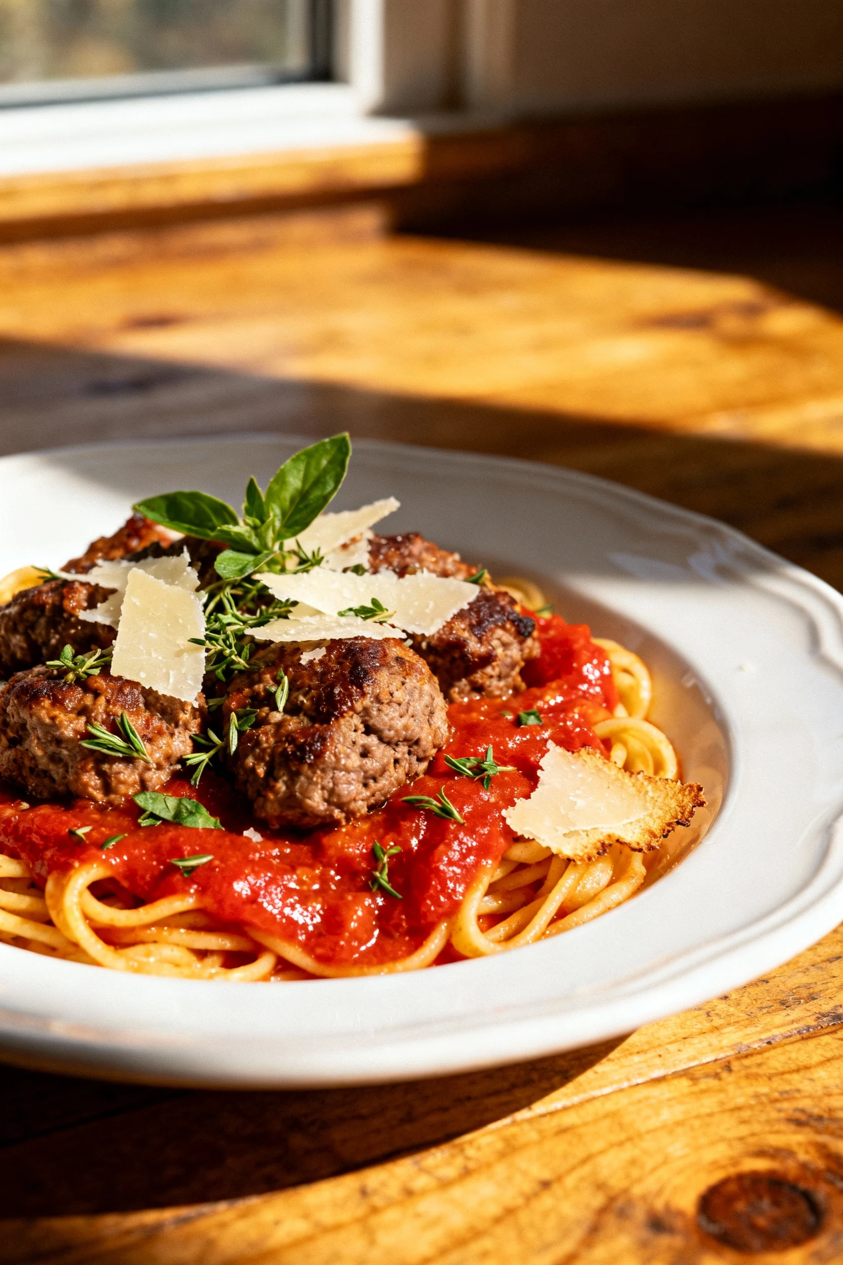 4. Restaurant-style plated pasta dish topped with juicy hamburger meat in tomato sauce, sprinkled with fresh oregano and