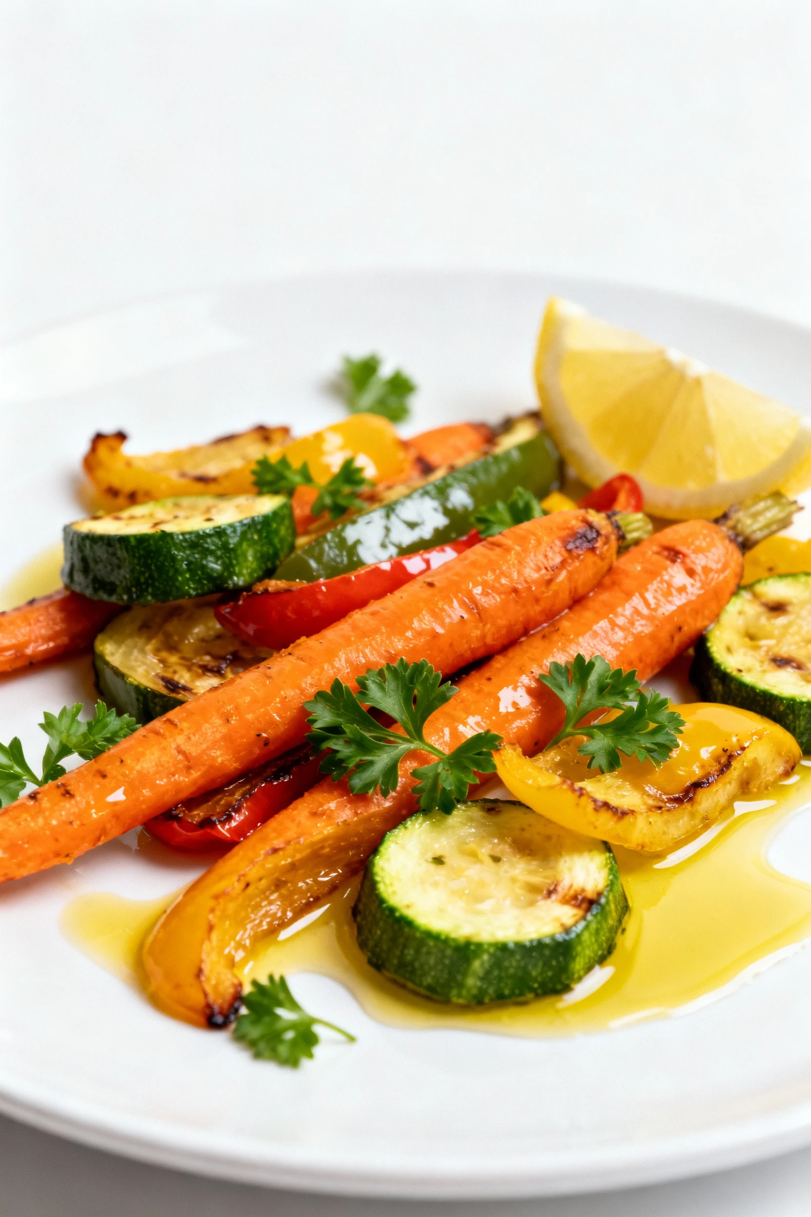 Restaurant-style plated serving of the roasted vegetable medley on a flat white plate, garnished with parsley and lemon 