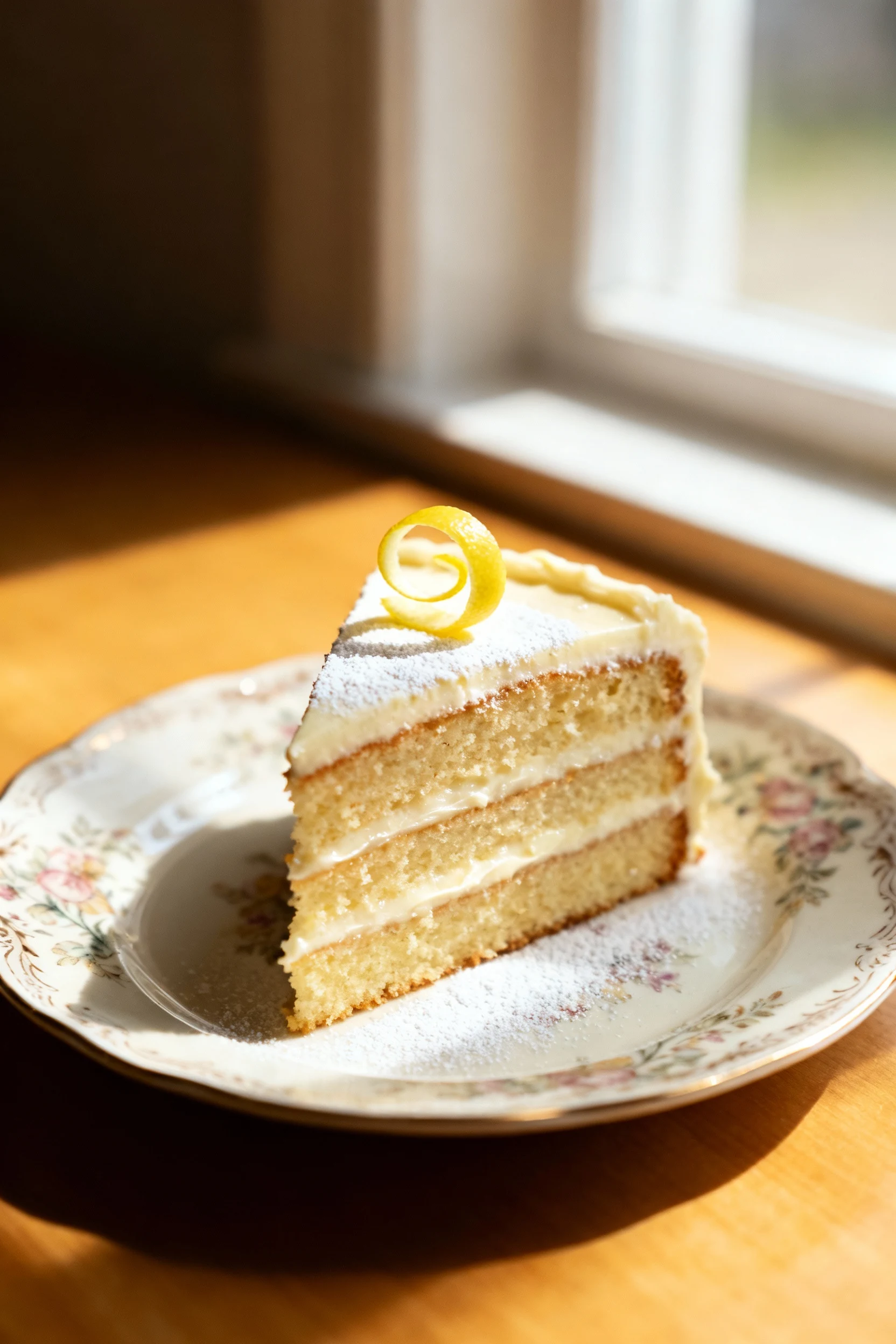 Beautifully plated single slice of buttermilk vanilla cake with thin layers of cream cheese frosting, garnished with a d