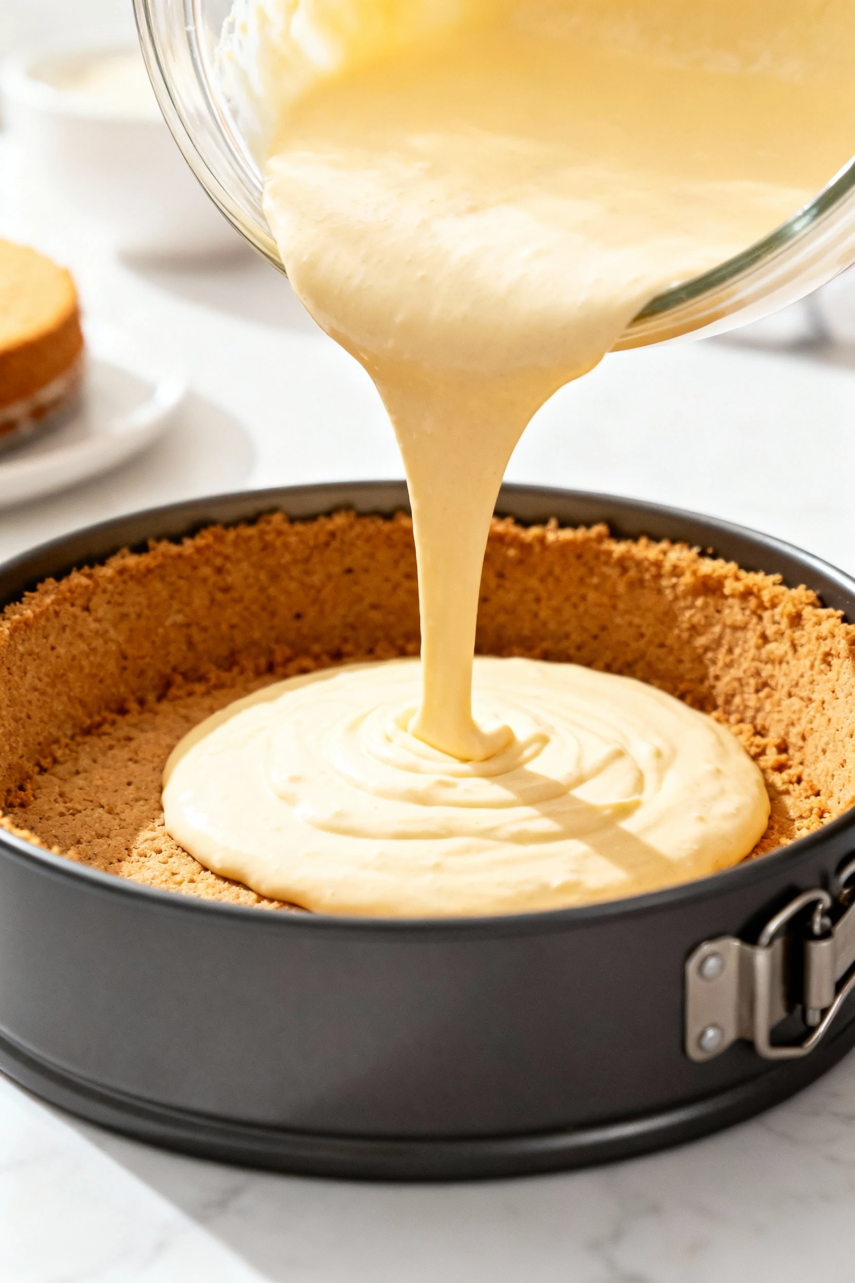 Step-in cooking process shot showing smooth cheesecake batter being poured over the firmly packed graham cracker crust i