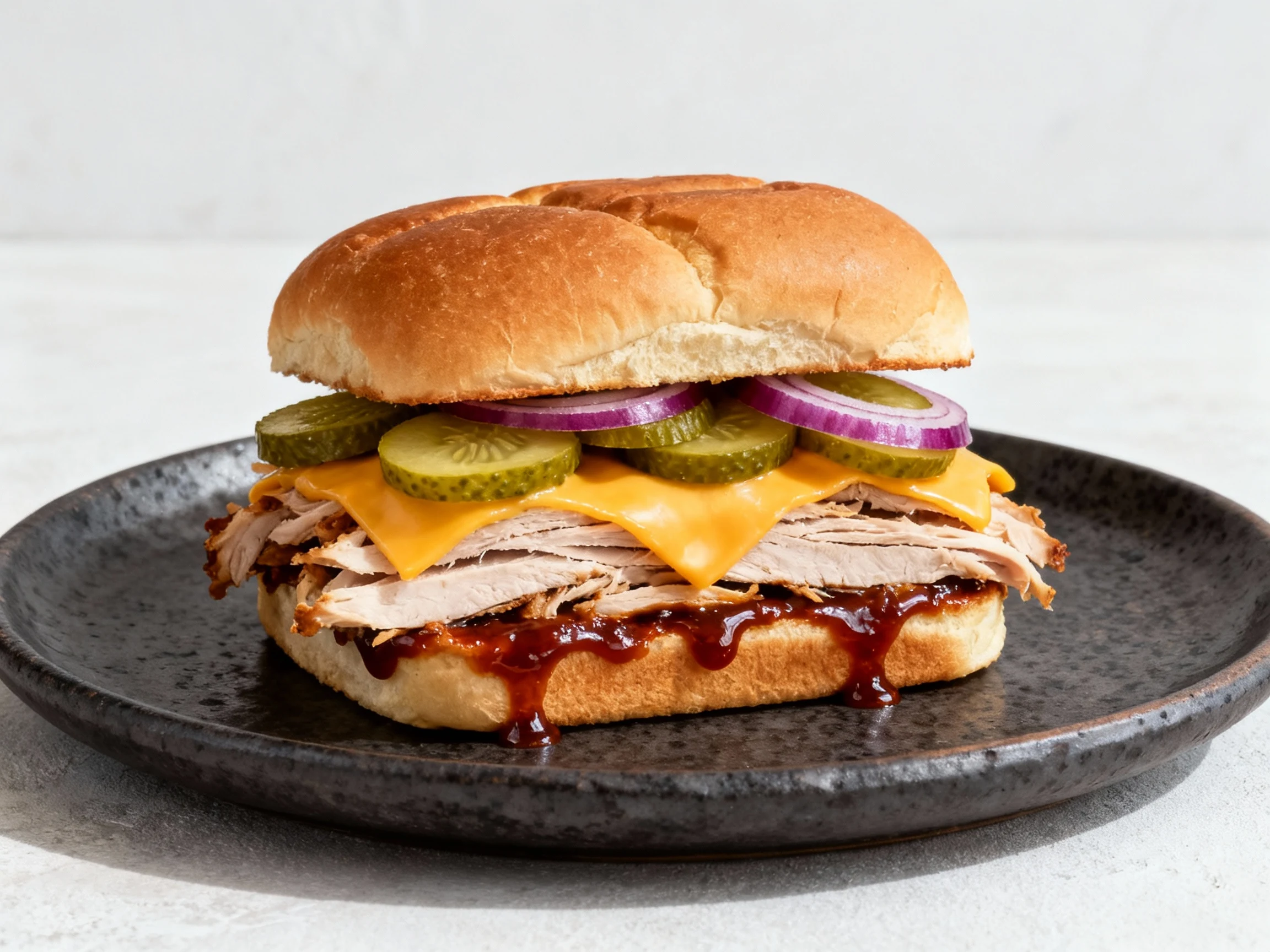 Food photography, Final dish: BBQ Stack turkey sandwich on toasted brioche, warm turkey with melted sharp cheddar, dill 