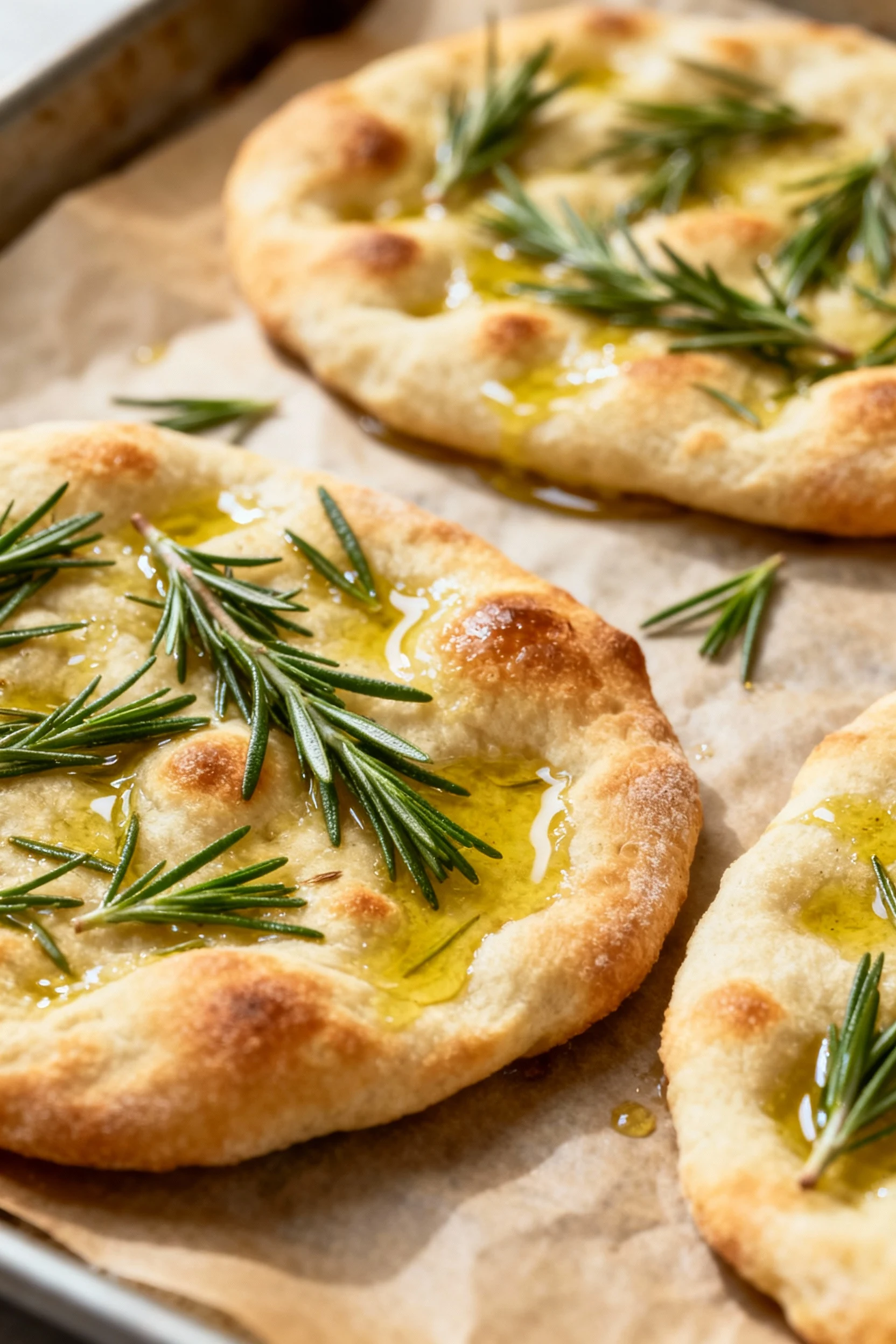 Process shot of sourdough discard flatbreads just out of the oven, brushed with olive oil and sprinkled generously with 