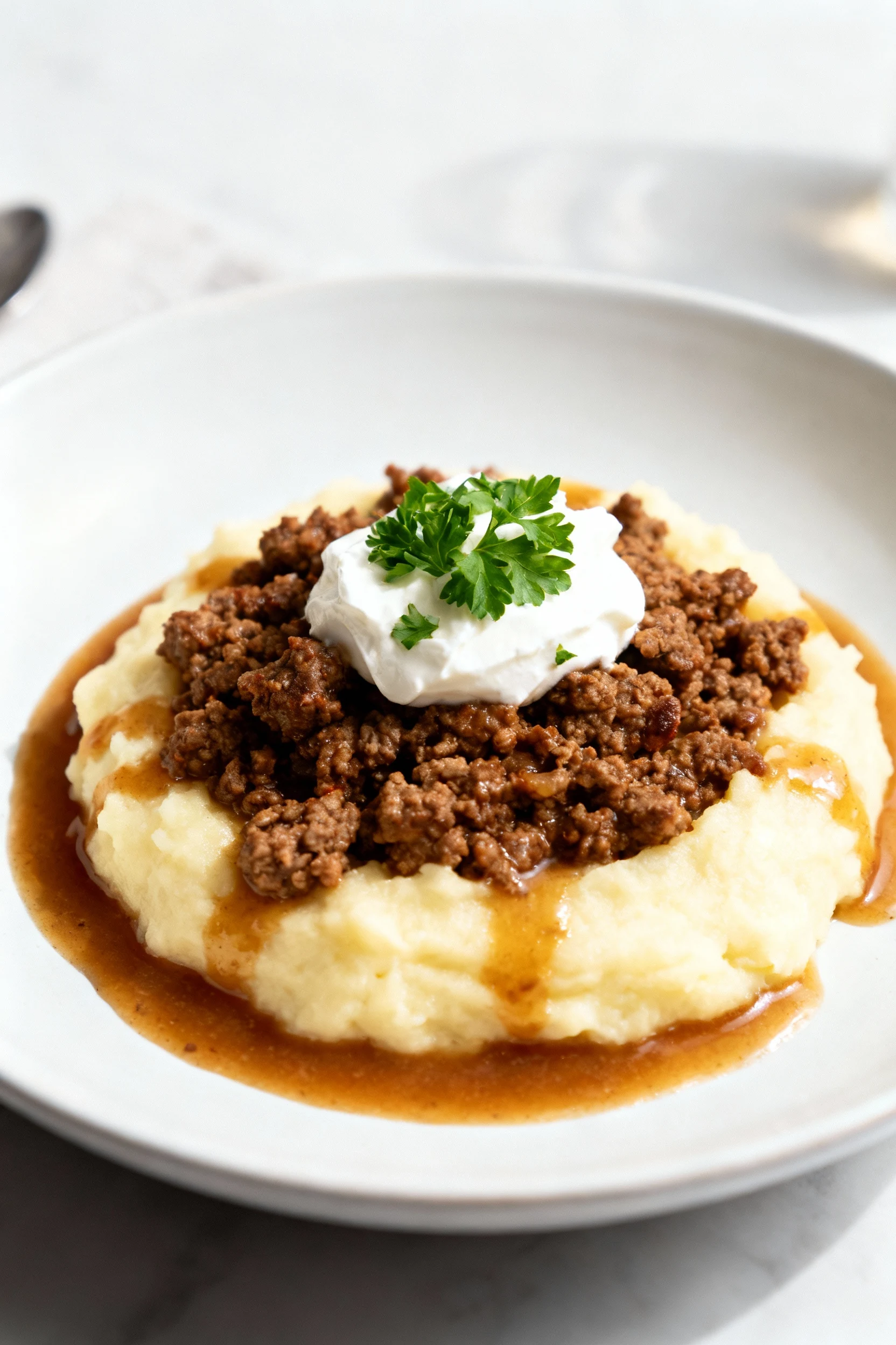 Elegant final plated dish of ground beef over creamy mashed potatoes, drizzled with sauce from the pan, garnished with a