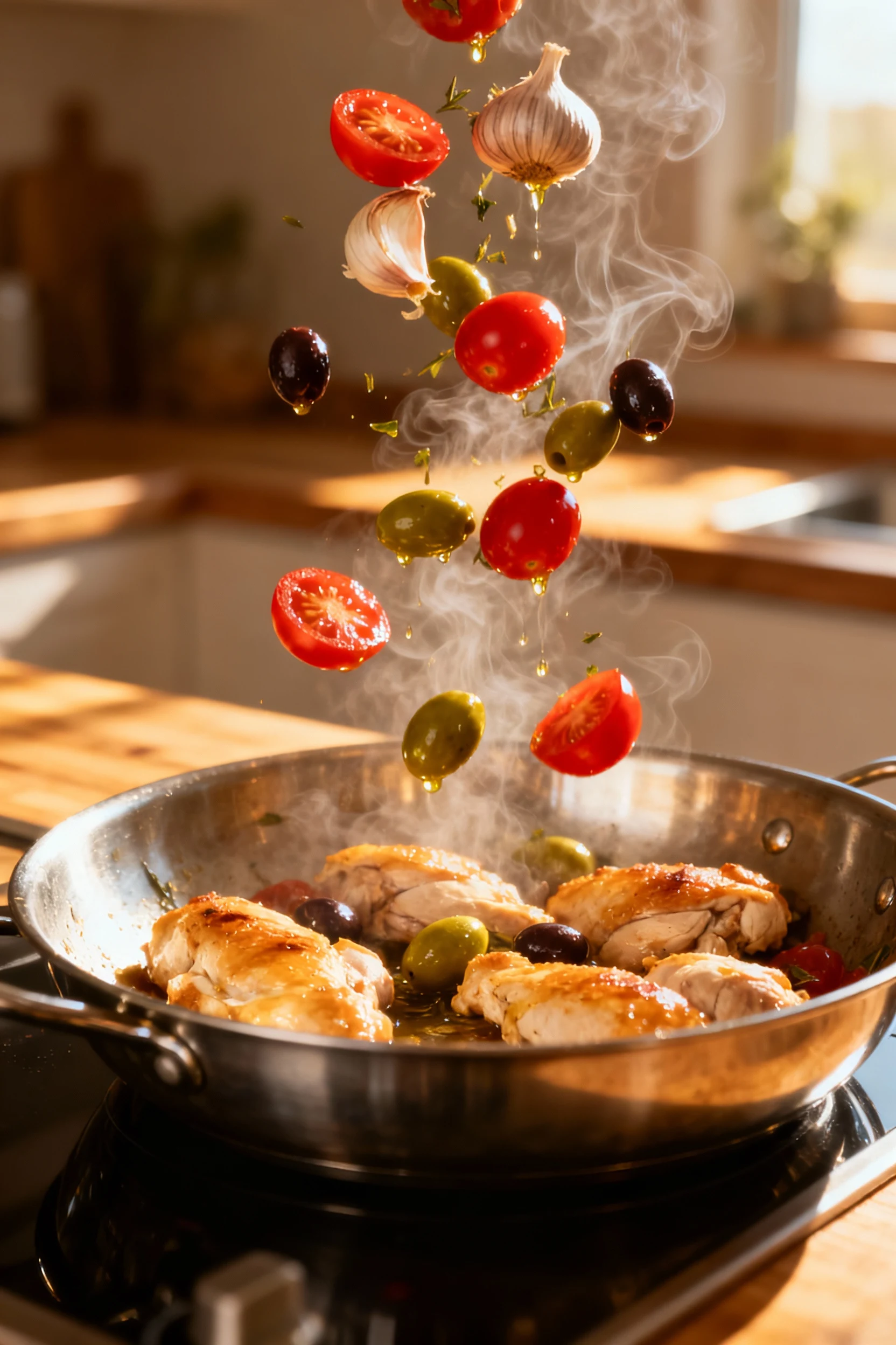 Action shot of tossing sautéed garlic, tomatoes, and olives into the pan with tender chicken pieces, steam rising, glist