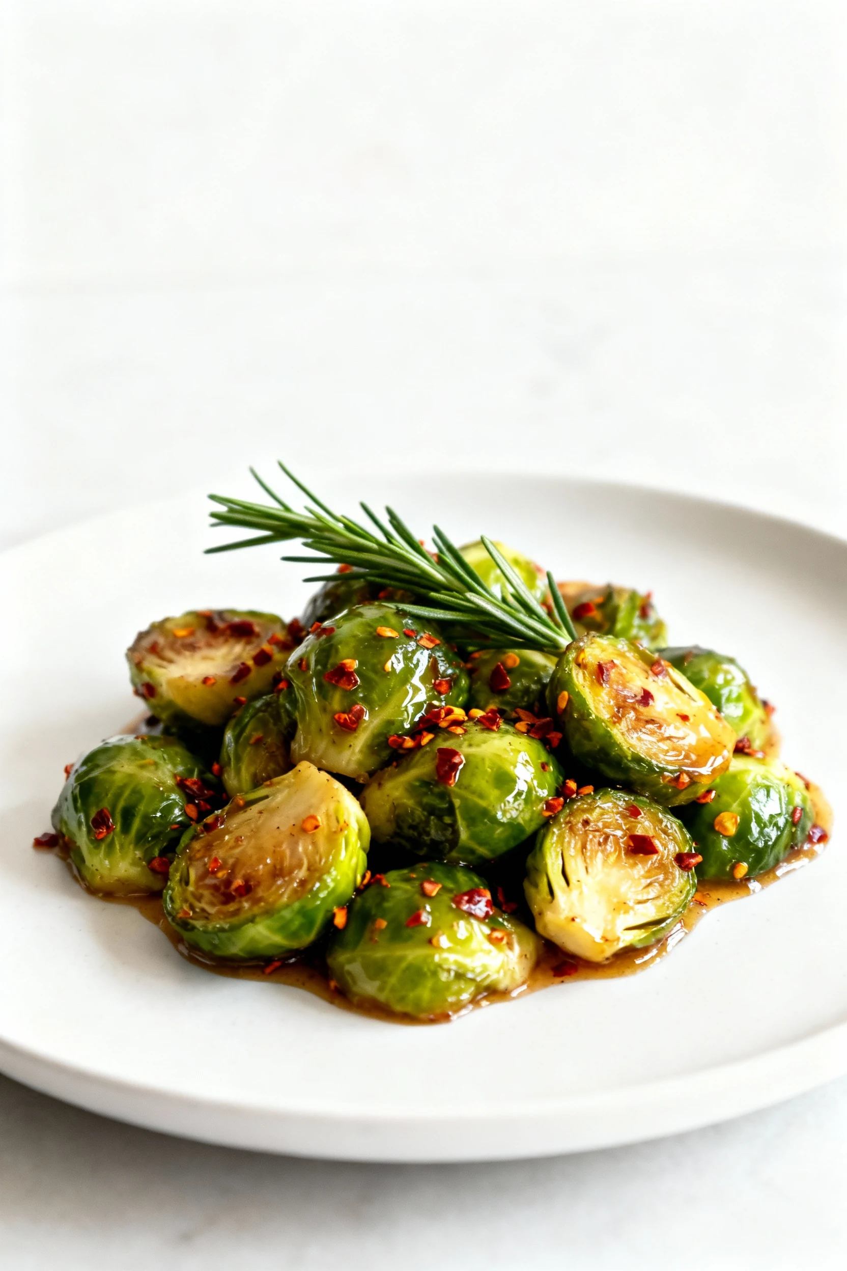 Elegant plated dish of honey-drizzled brussel sprouts sprinkled with chili flakes on a matte white plate, accented with 