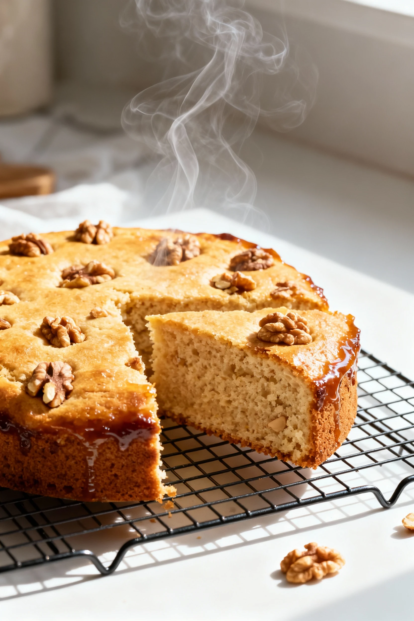 Half-sliced nut-studded cake cooling on wire rack, steam gently visible, showcasing rich buttery hue and crunchy walnut 