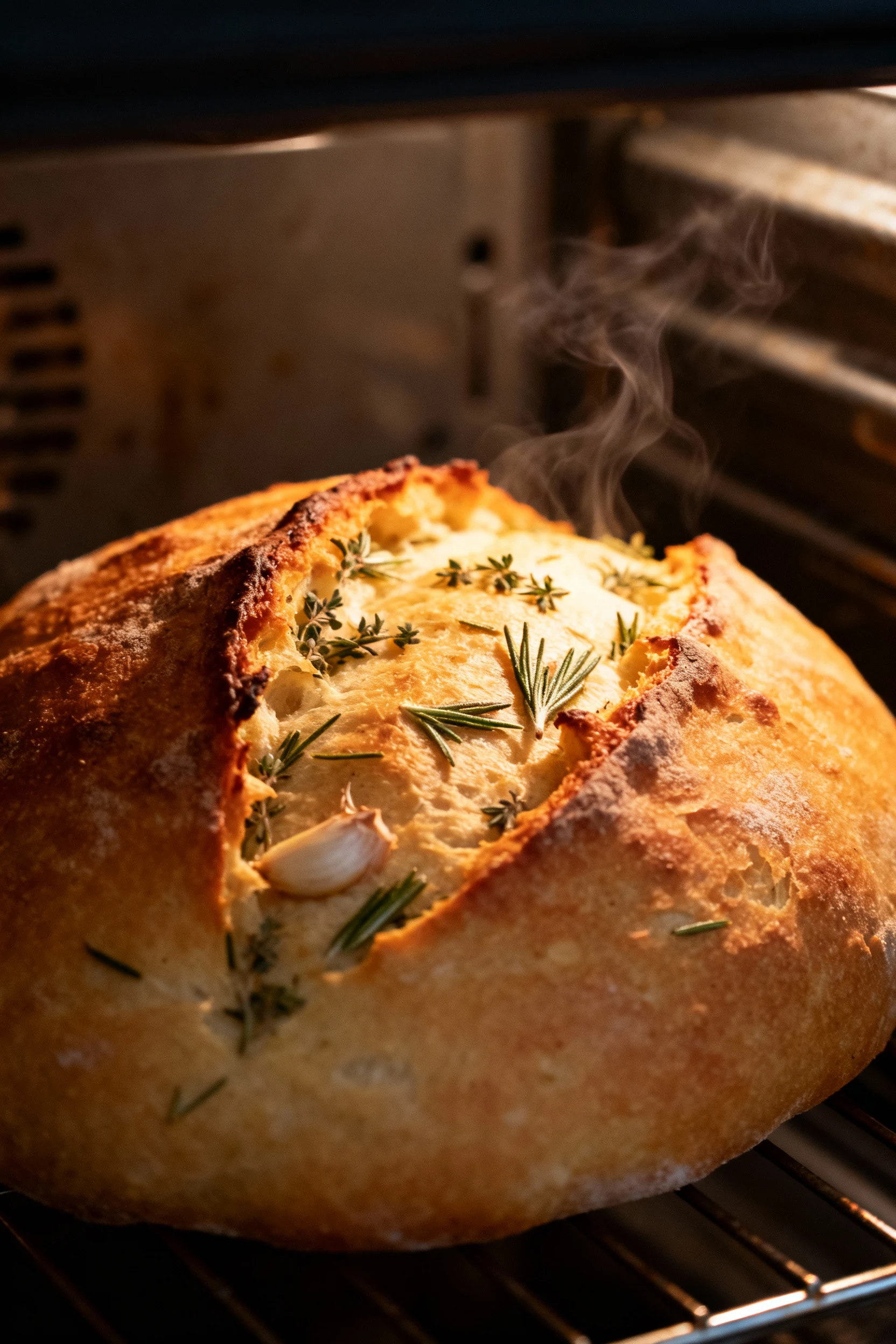 Cooking process shot of shaped herb & garlic loaf mid-bake inside an open oven, surface rising and turning golden, aroma