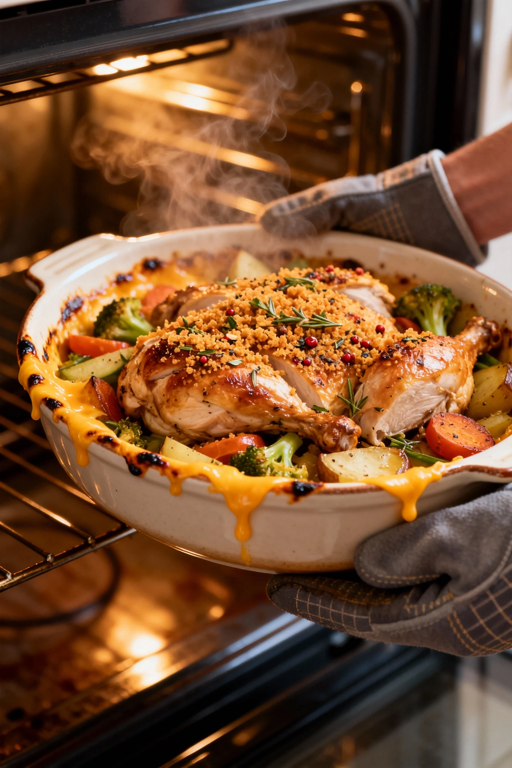 Casserole dish of rotisserie chicken and vegetables fresh out of the oven, crispy seasoned topping, melted cheddar bubbl