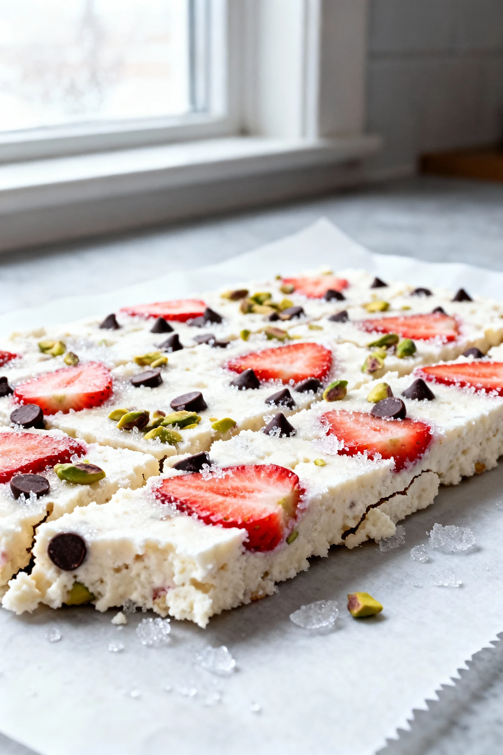 Close-up of frozen cottage cheese bark on parchment, frosty matte surface with embedded sliced strawberries, dark chocol