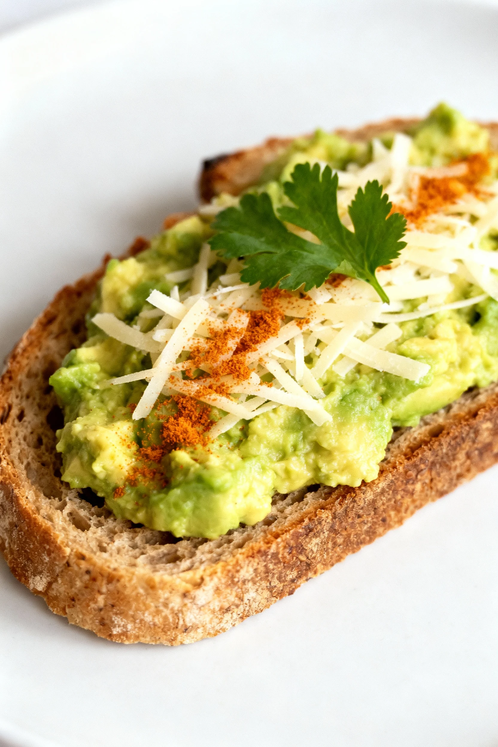 Beautifully plated avocado toast topped with shredded cheese and a sprinkle of paprika, served on artisan whole grain br
