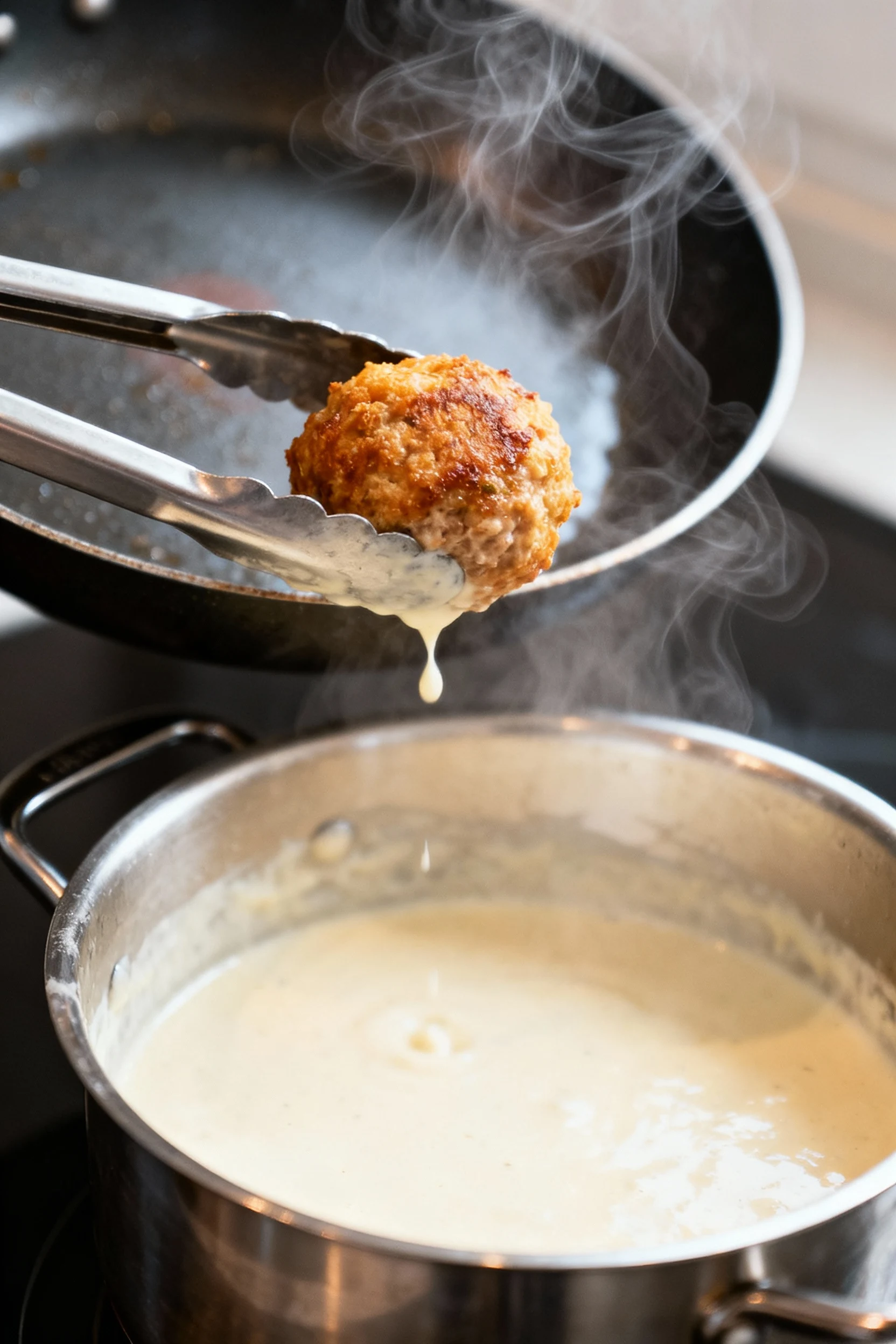 Cooking process scene showing meatballs gently being transferred from skillet into simmering creamy sauce, steam rising,