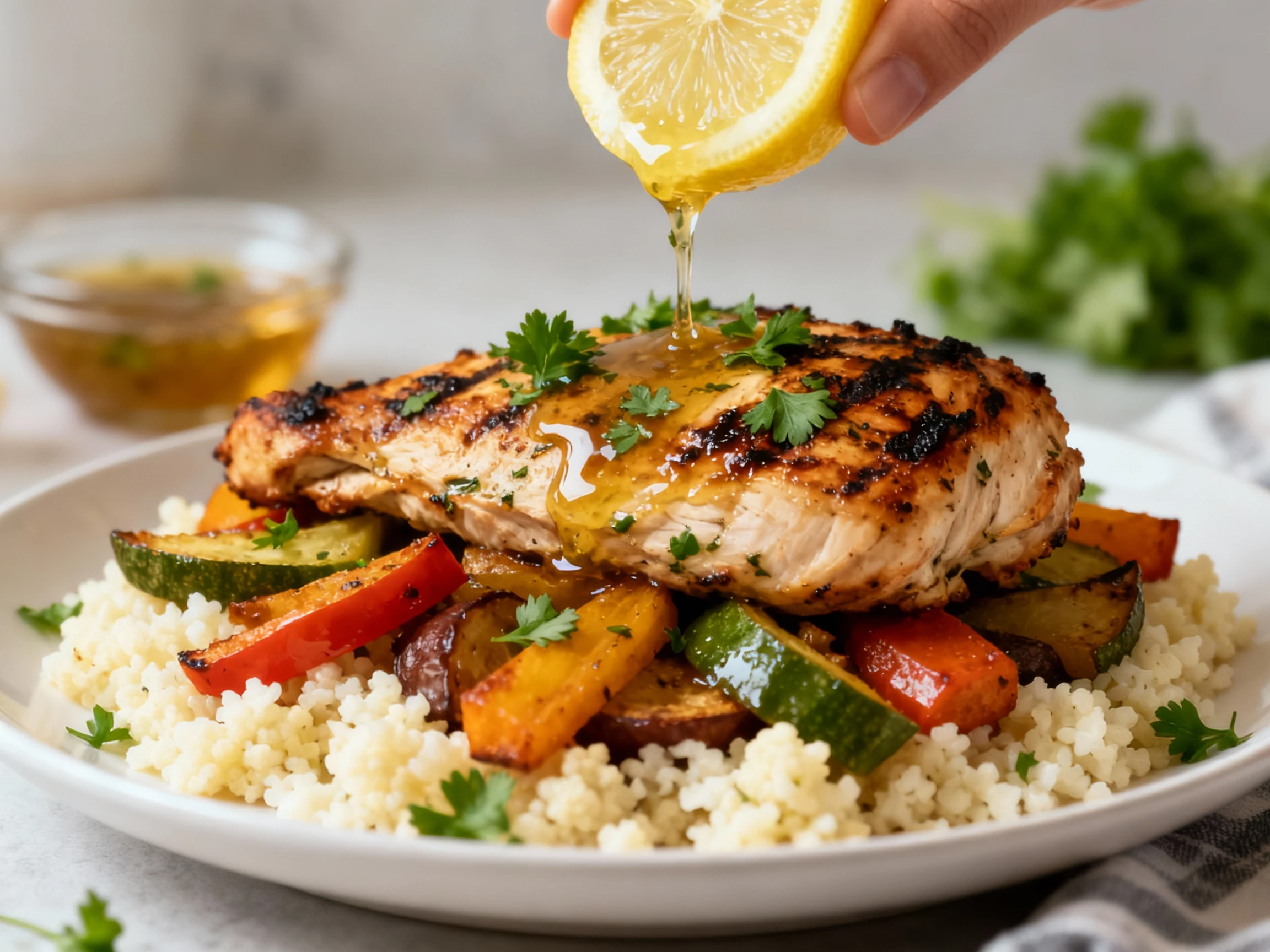 Food photography, Hero angle final dish: broiled-for-char lemon herb chicken with roasted rainbow veggies over cauliflow