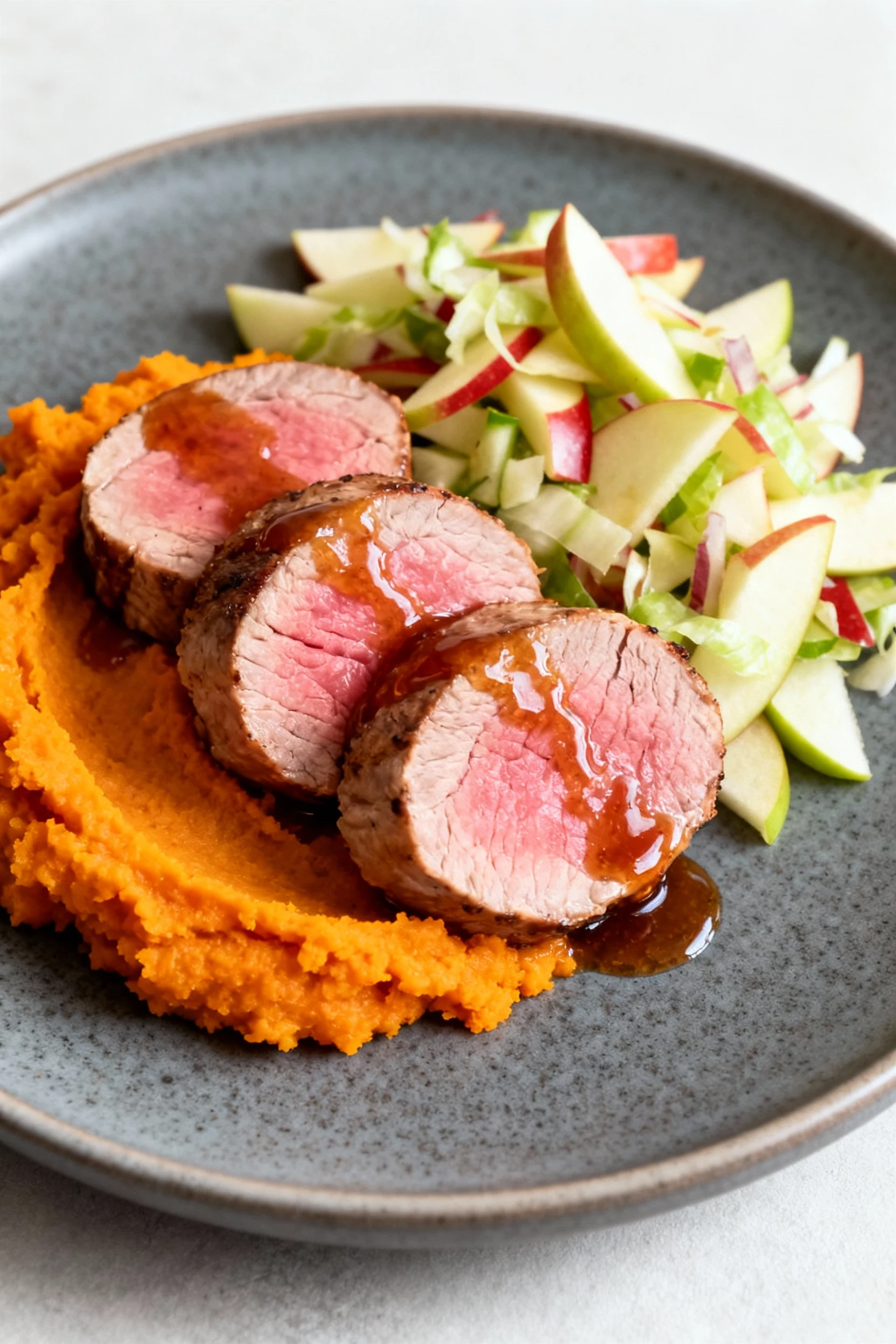 Elegant plated presentation of juicy pink-centered pork tenderloin medallions drizzled with maple glaze, paired with mas