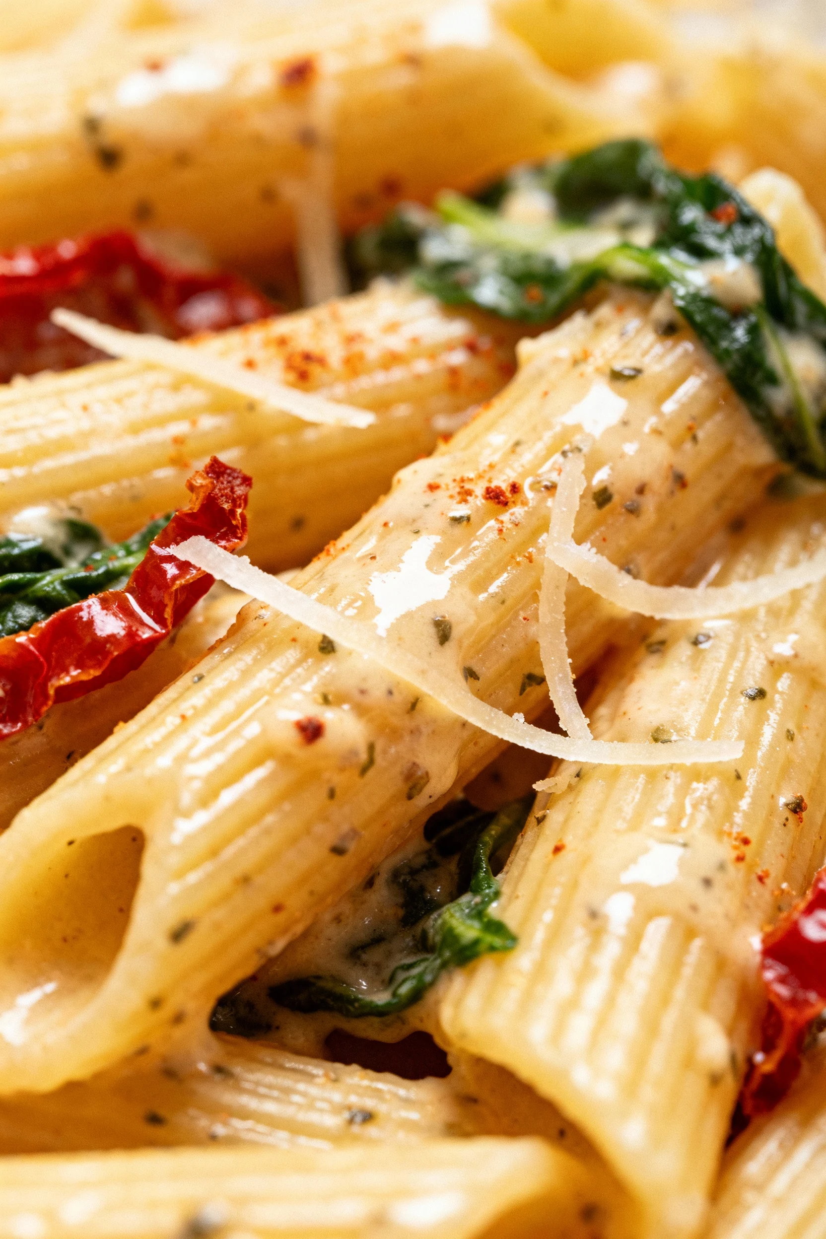 Macro close-up of creamy Tuscan chicken pasta: penne cross-sections coated in glossy sauce with specks of Italian herbs 