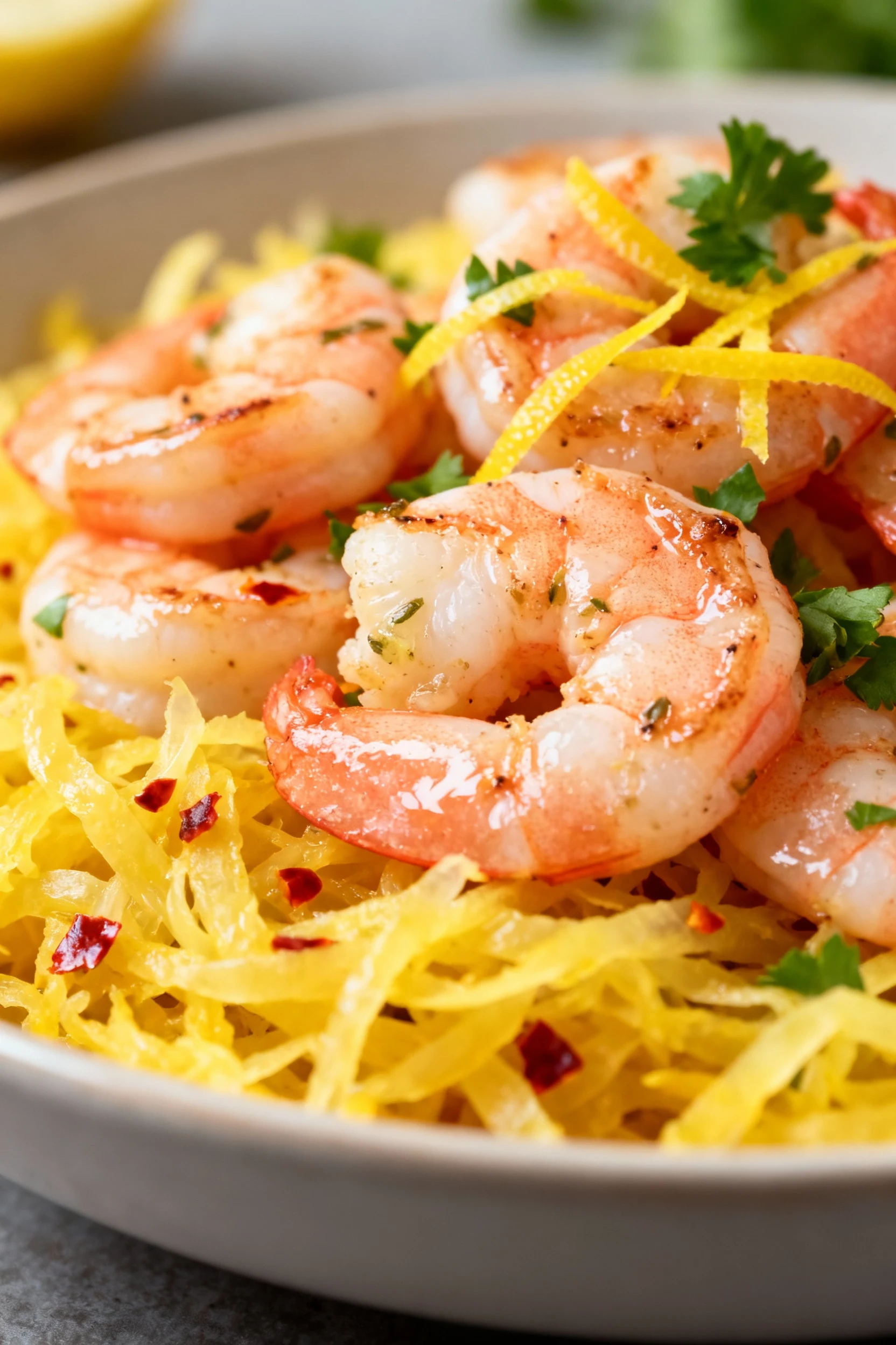 Close-up detail: lemon-garlic shrimp over spaghetti squash—pink seared shrimp, glossy strands, flecks of chili flakes, b