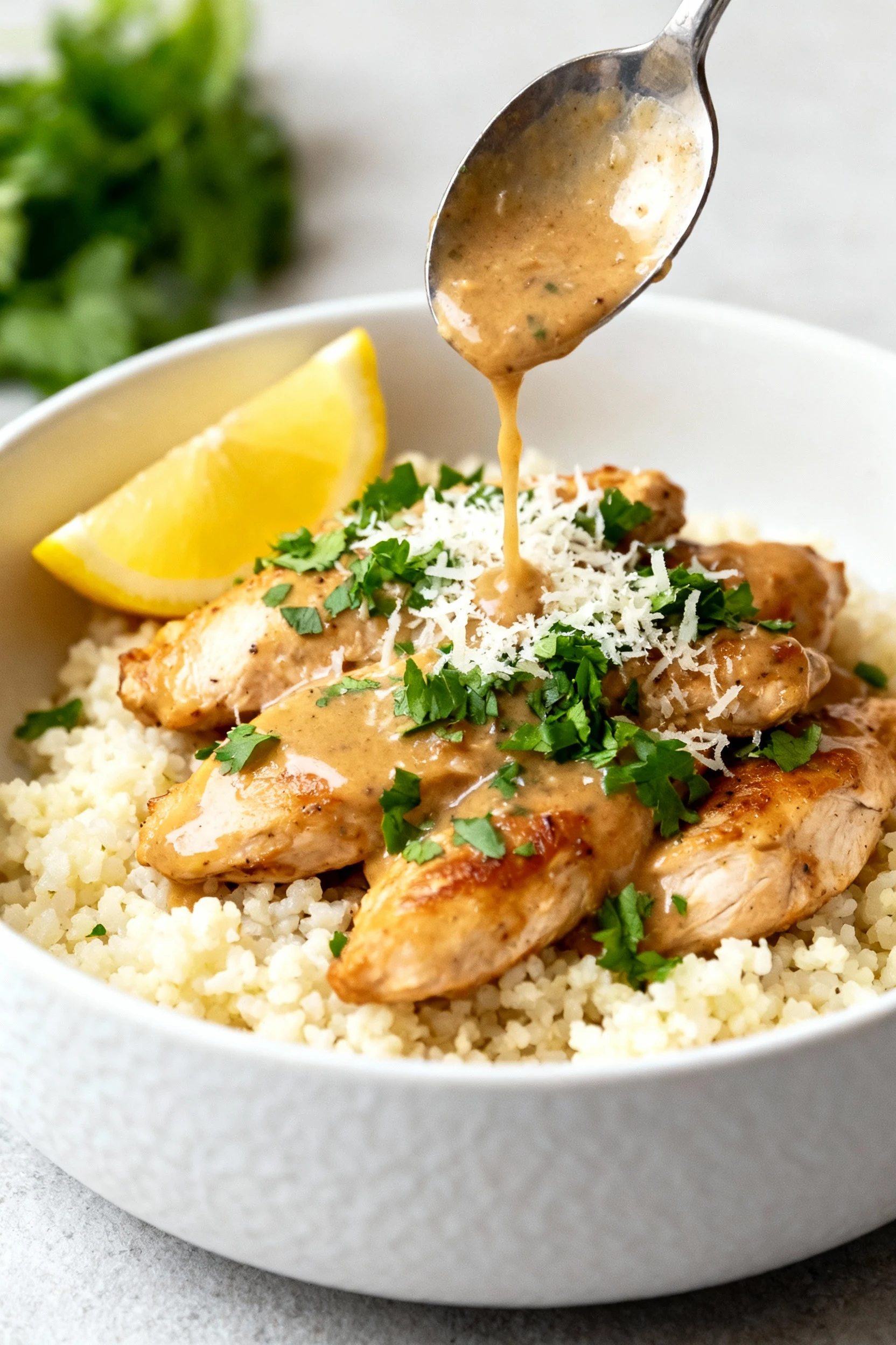 Final plated dish: garlic butter chicken over cauliflower rice in a matte white shallow bowl, pan sauce spooned over, fi