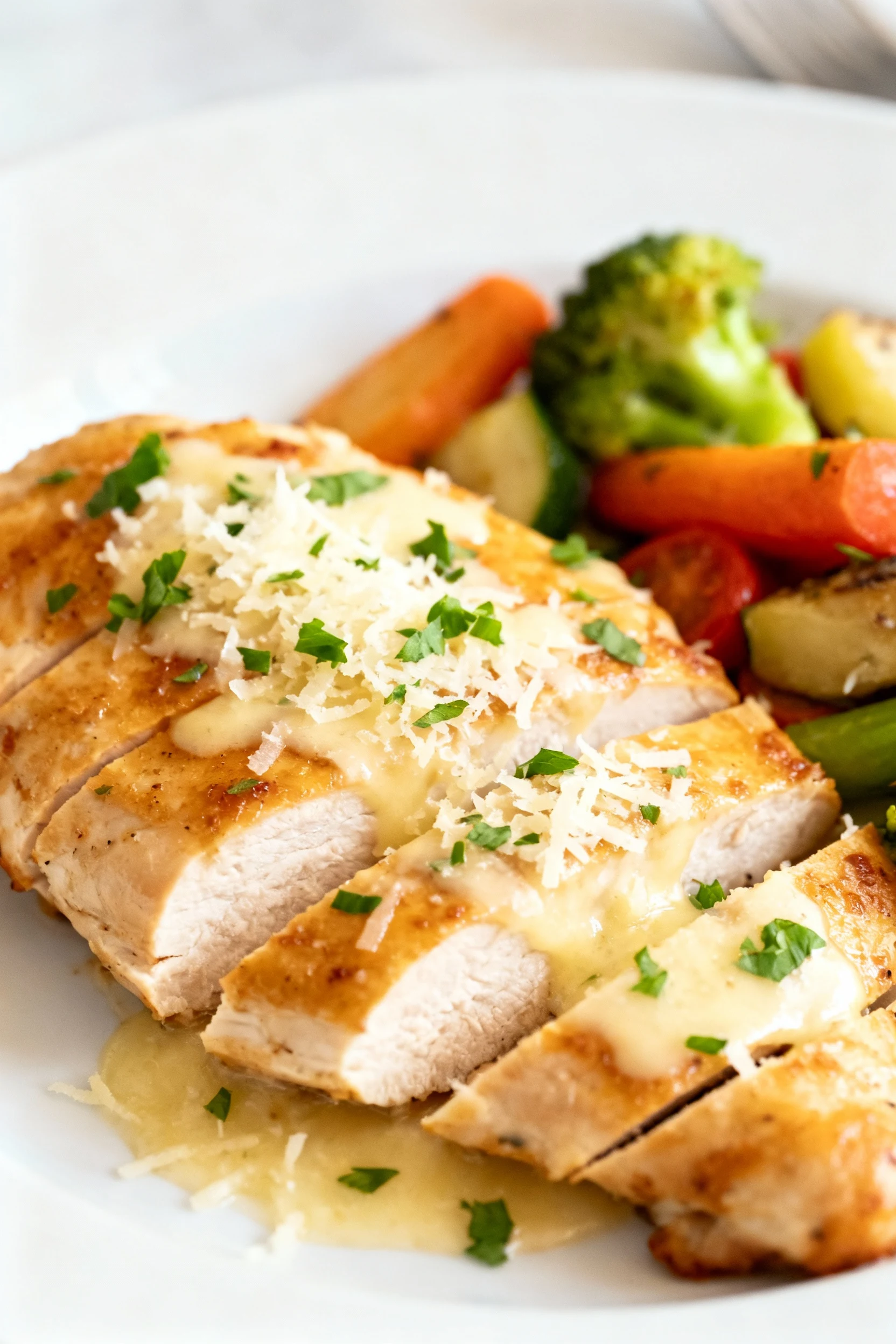 Elegant plated presentation of the finished chicken entrée on a white ceramic plate, chicken sliced to reveal juicy text