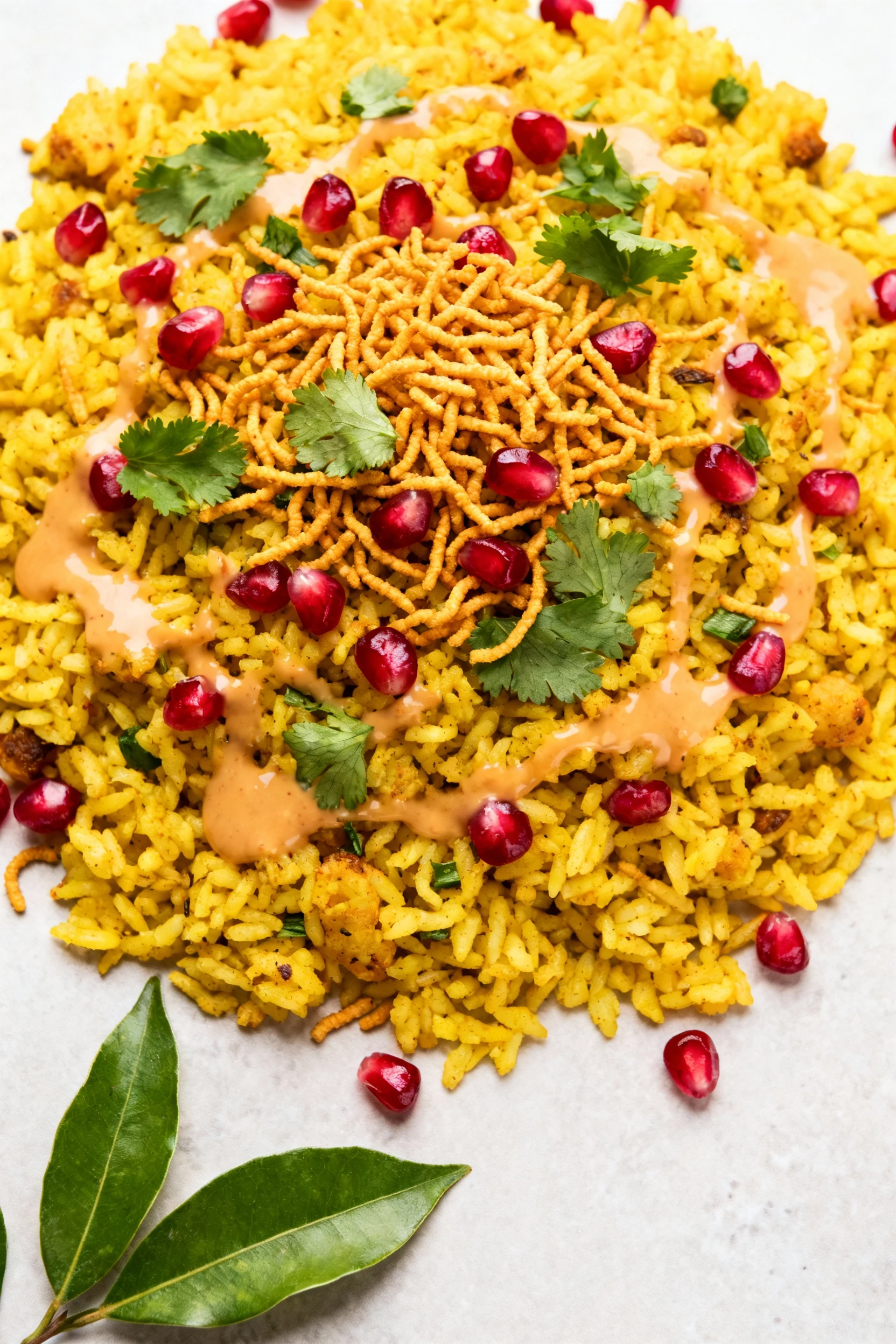 Tasty top view: Indori-style Masala Poha overhead — vibrant yellow poha crowned with crunchy sev, ruby pomegranate arils