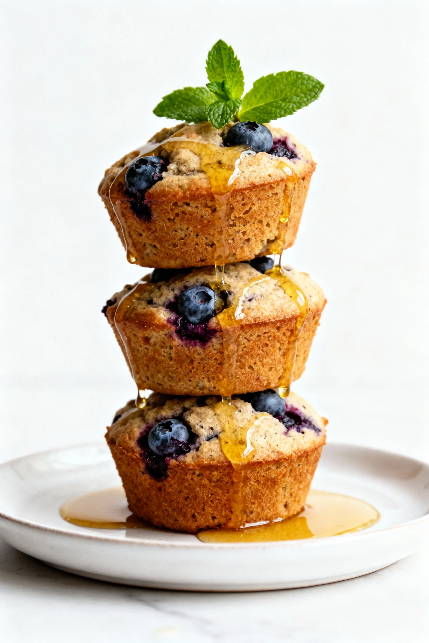 4. Restaurant-quality plated presentation of three gluten-free blueberry muffins stacked with a drizzle of honey and a s