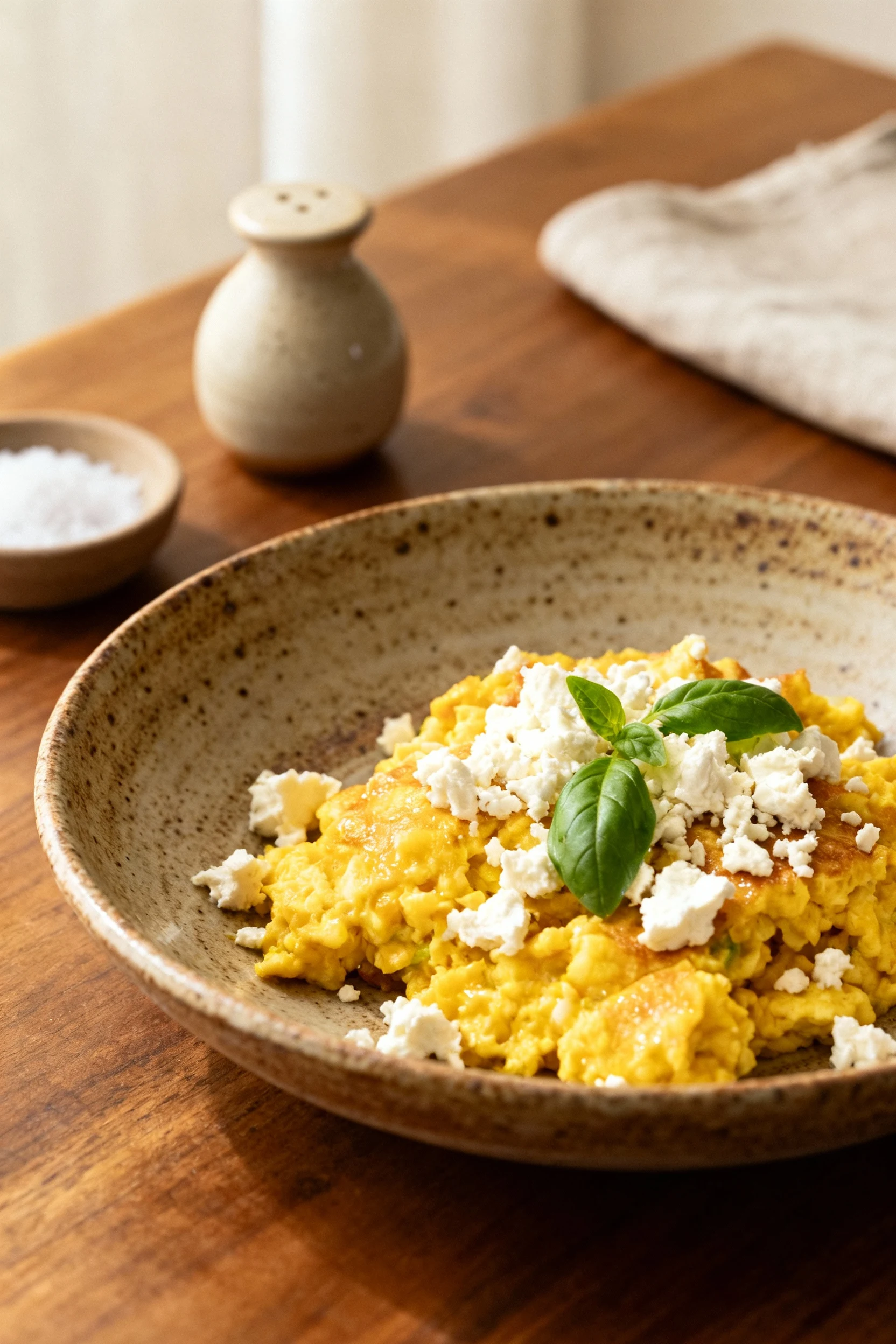 Elegant final presentation of the keto scramble plated in a rustic ceramic bowl, topped with extra feta crumbles and a f
