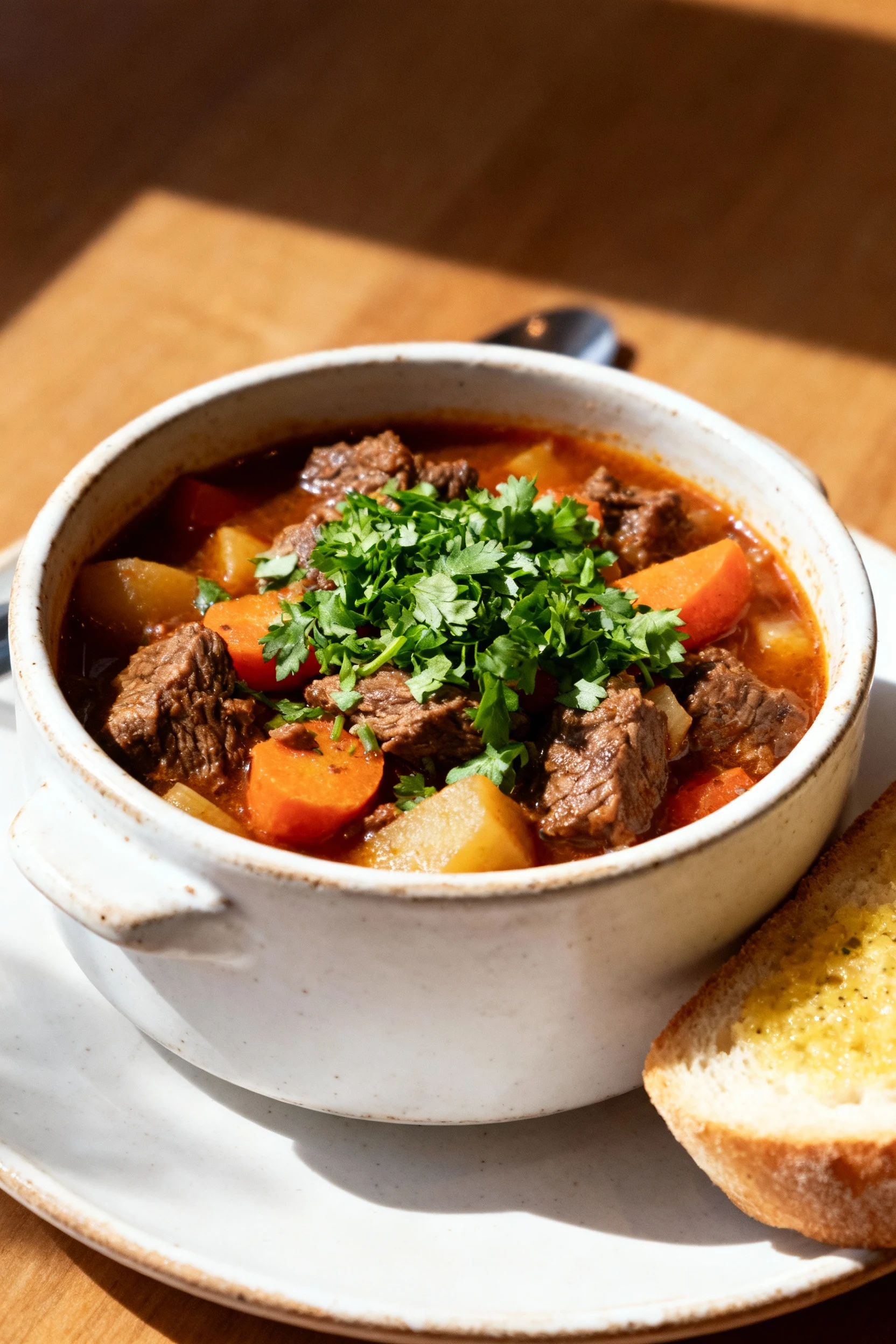 4. Beautifully plated final dish: hearty beef and vegetable stew served in a rustic white ceramic bowl, garnished with a