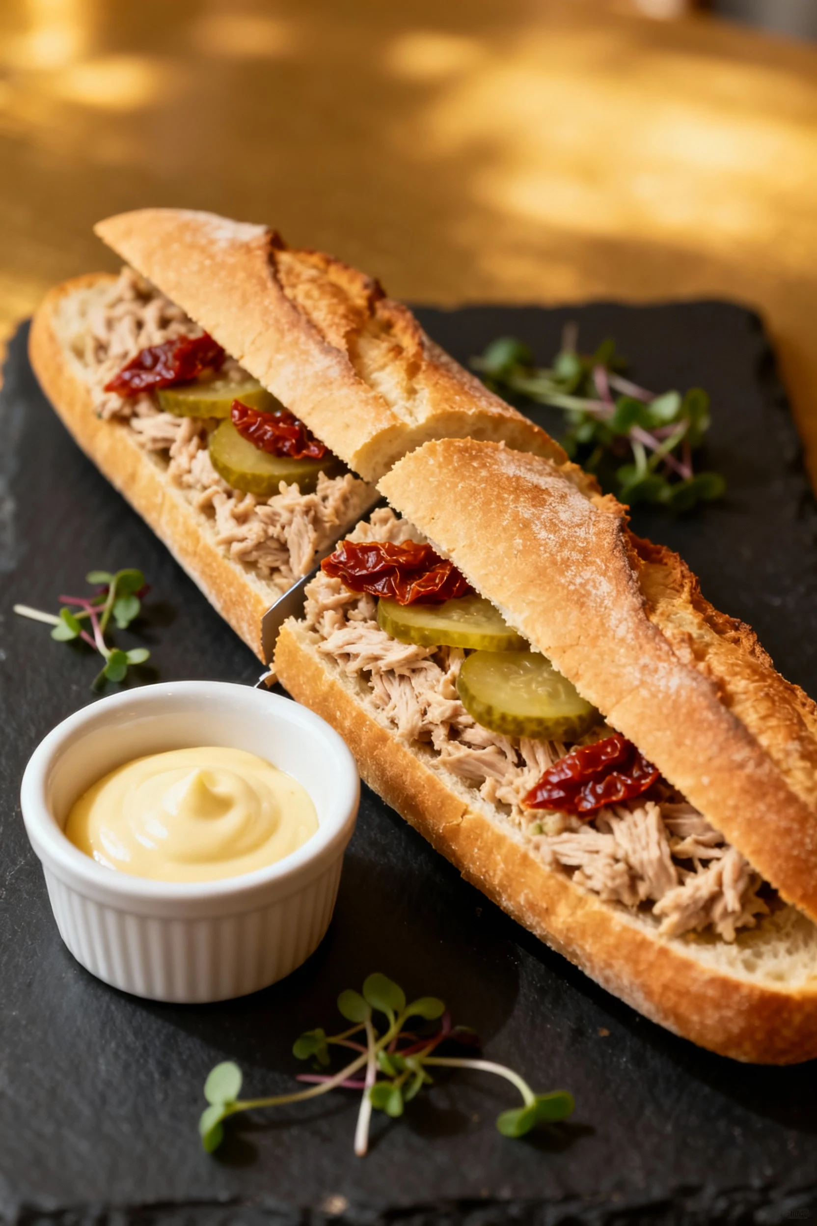 Beautifully plated artisan baguette sandwich with tuna salad, pickles, and sun-dried tomato accents, served alongside a 