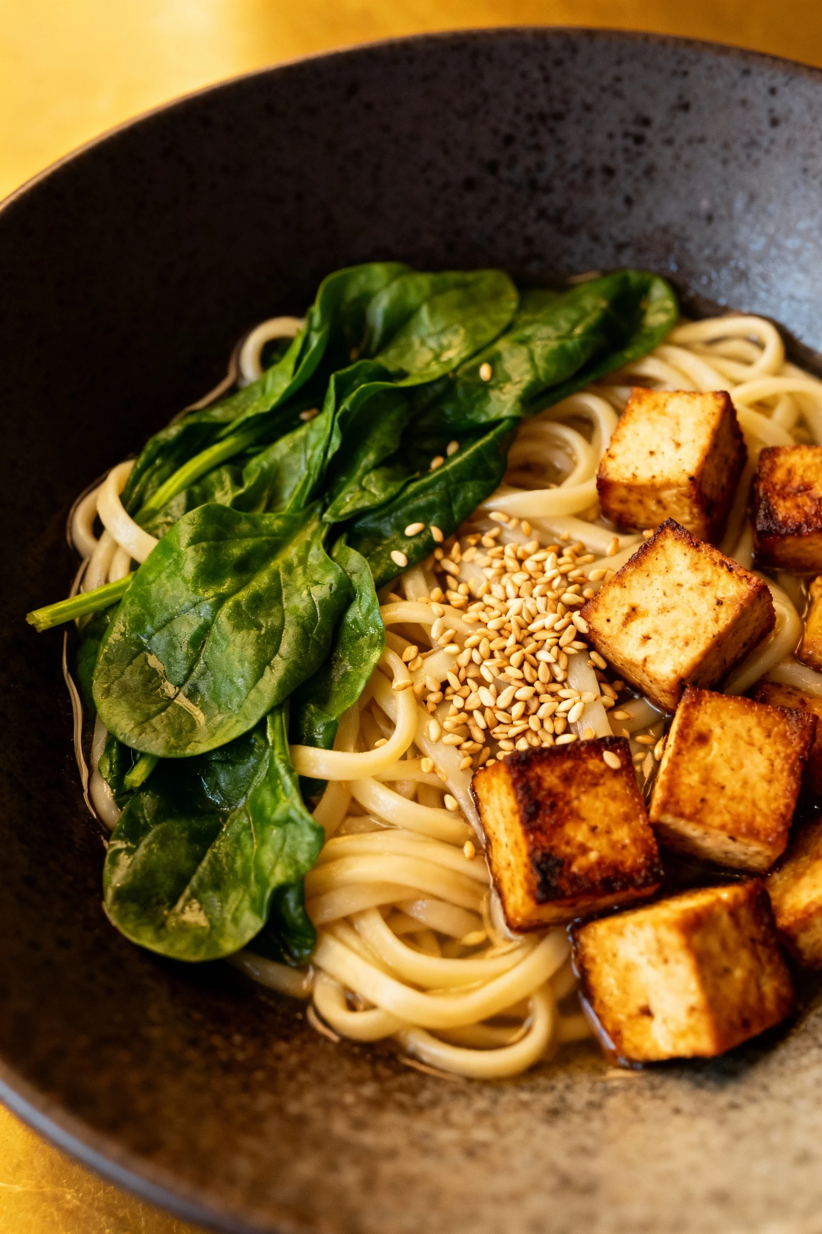 Beautifully plated vegetarian ramen with fresh spinach leaves hugging noodles, cubes of seared tofu, and a sprinkle of t