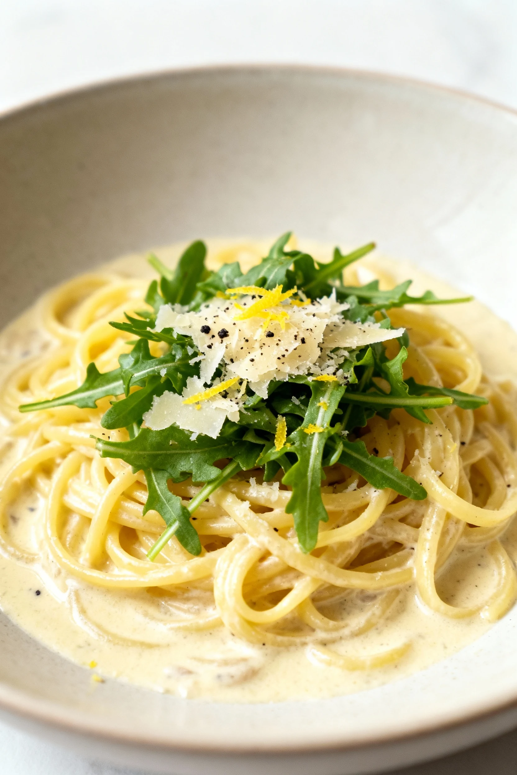 Final dish: garlic-lemon cream spaghetti with velvety pale sauce coating the noodles, wilted arugula, lemon zest sparkle