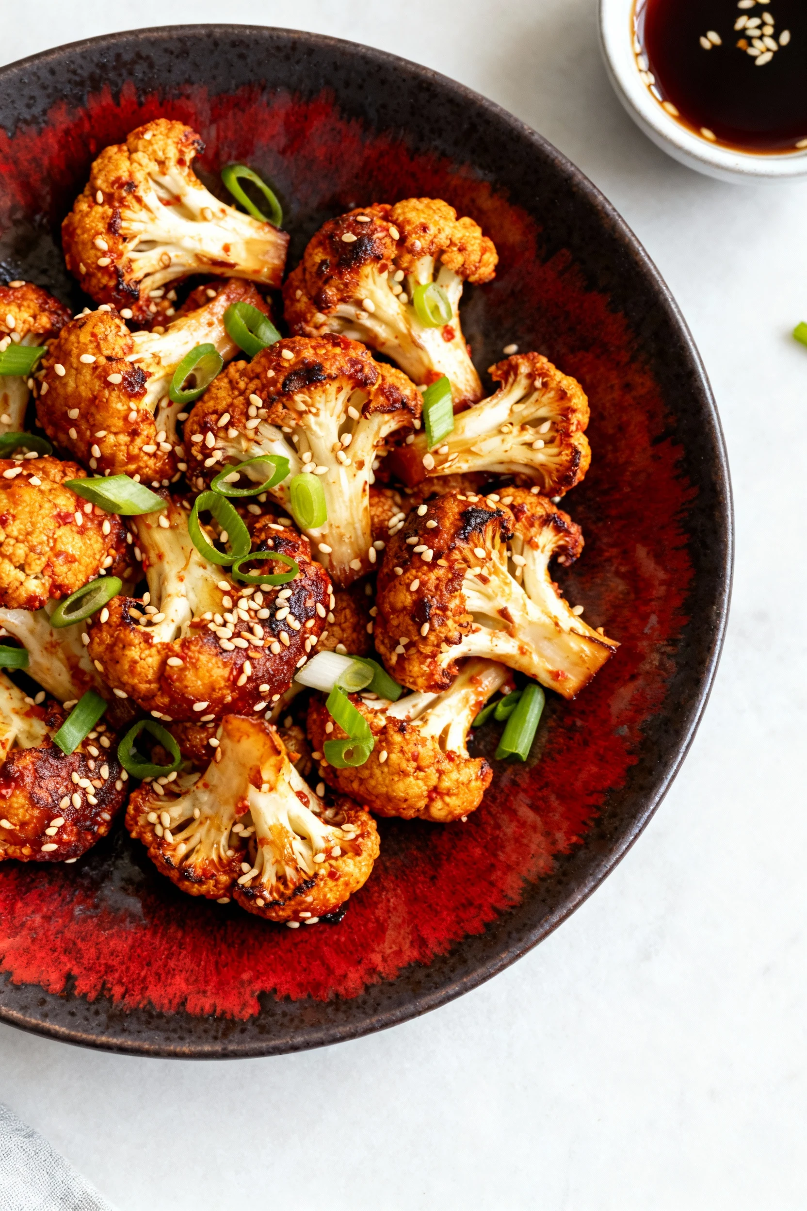 Overhead shot of Gochujang-Sesame roasted cauliflower on a dark ceramic plate, lacquered red glaze with slight carameliz