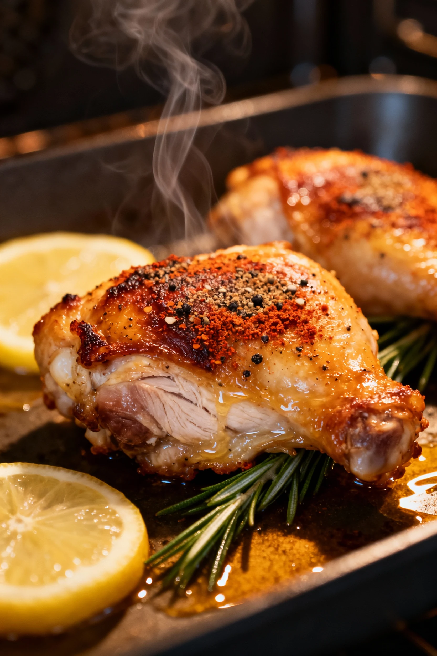 In-oven cooking process shot capturing chicken thighs mid-roast at high heat, skin turning golden and edges crisping, wi