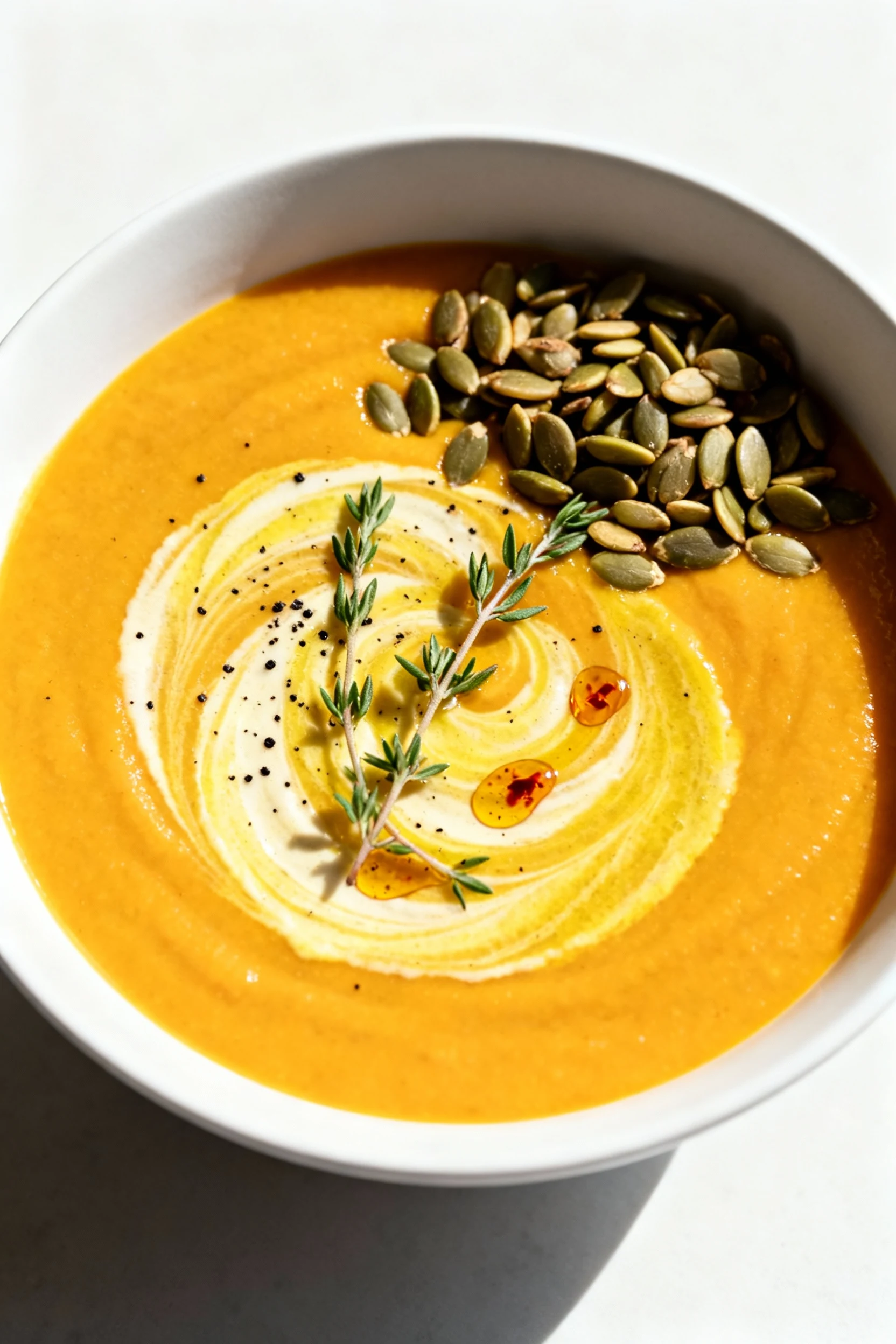 Top-down minimal shot of silky roasted butternut squash soup, delicate lemon‑tahini swirl and a few drops of chili oil, 