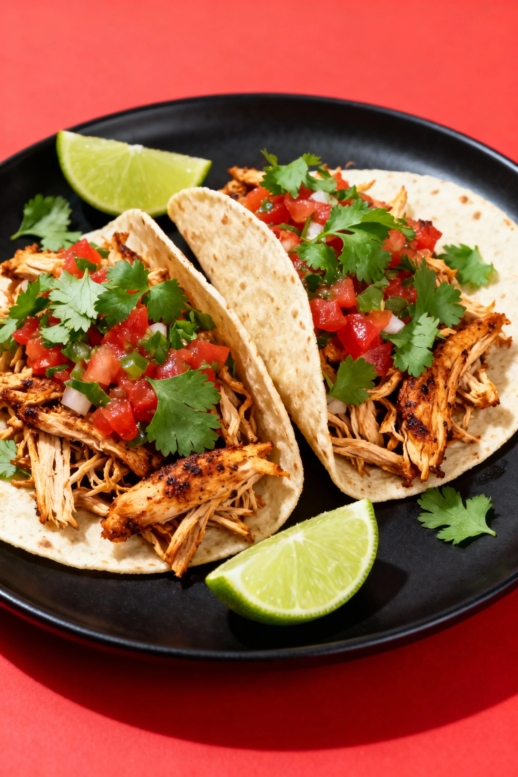 Beautifully plated Mexican-style shredded chicken tacos filled with salsa and cumin-seasoned chicken, garnished with fre