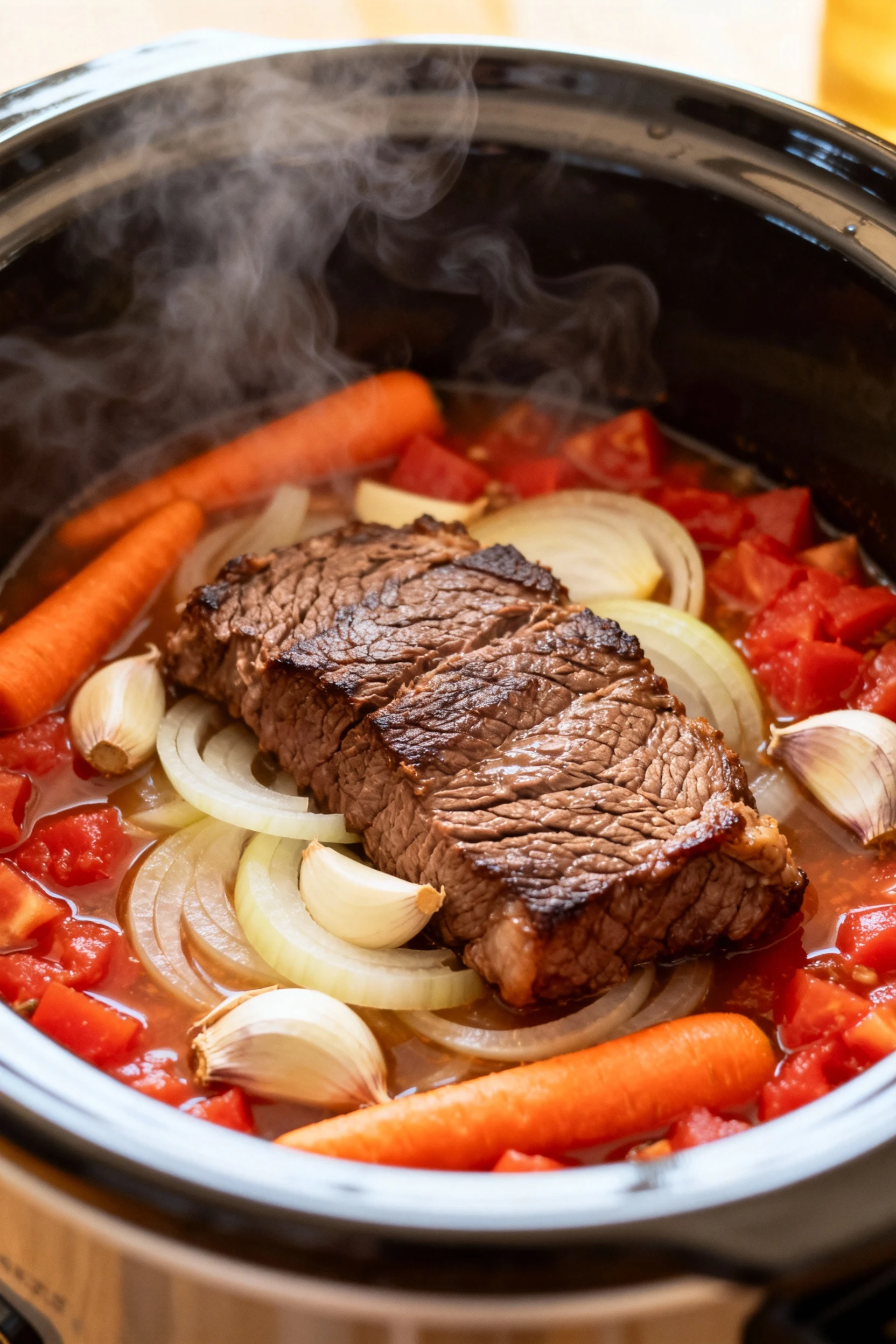 Cooking process scene showing seared beef nestled over softened onions, garlic, and carrots inside a crock pot, stock an