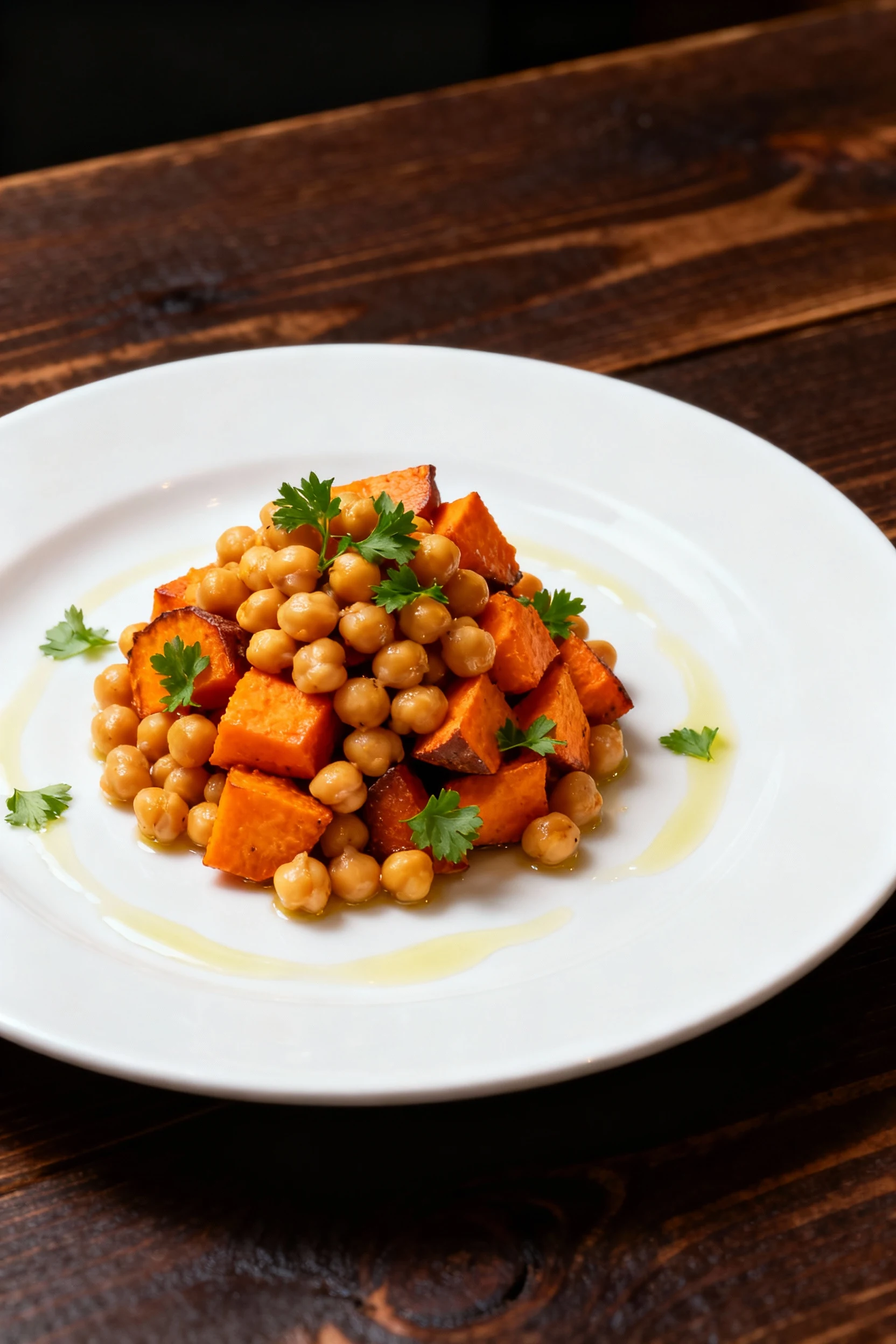 Elegant plate presentation of the warm chickpea and roasted sweet potato medley, arranged in a neat mound with scattered