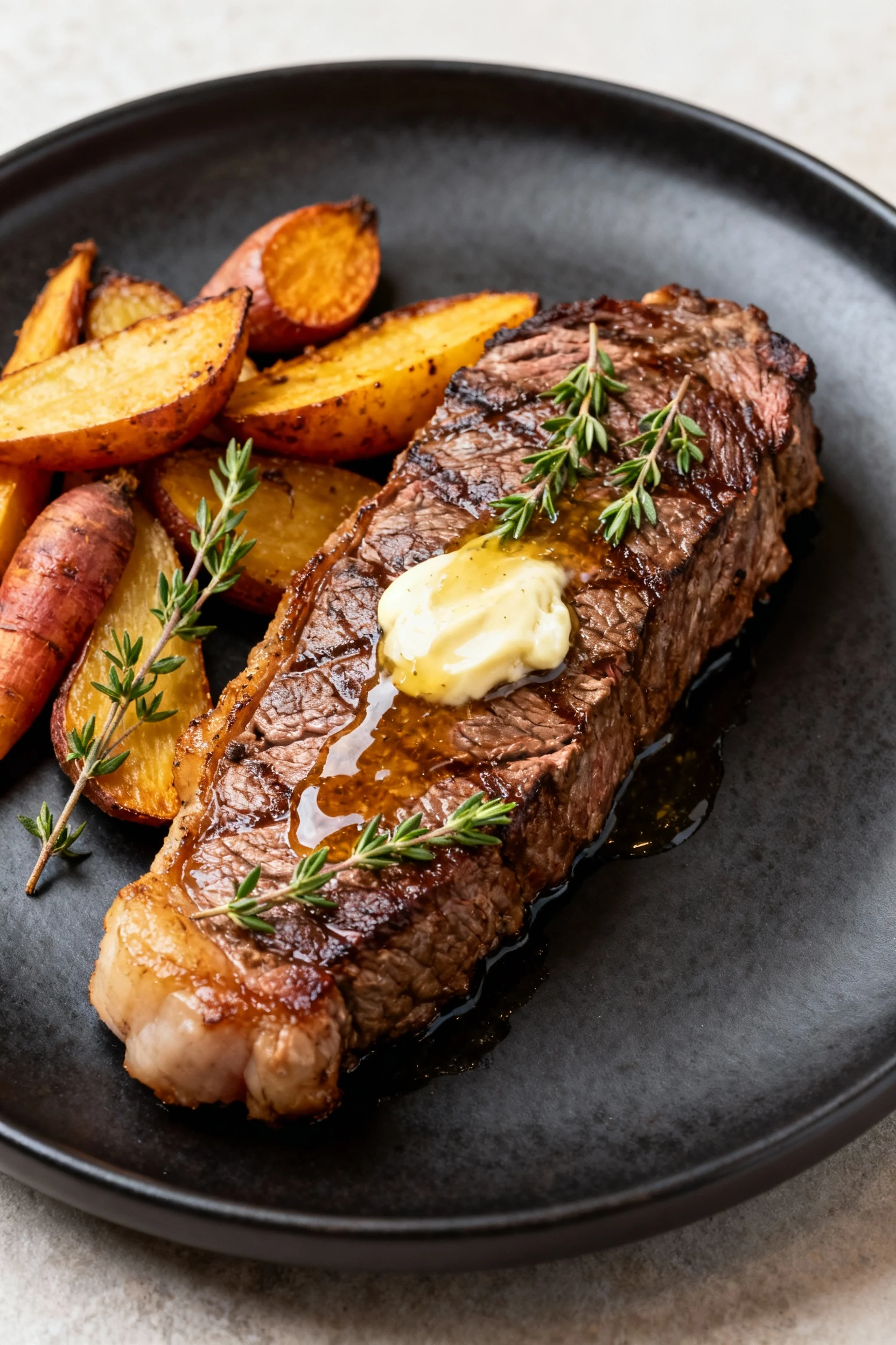 Beautifully plated tenderloin steak on a matte black plate, garnished with fresh thyme sprigs and a drizzle of glossy ga