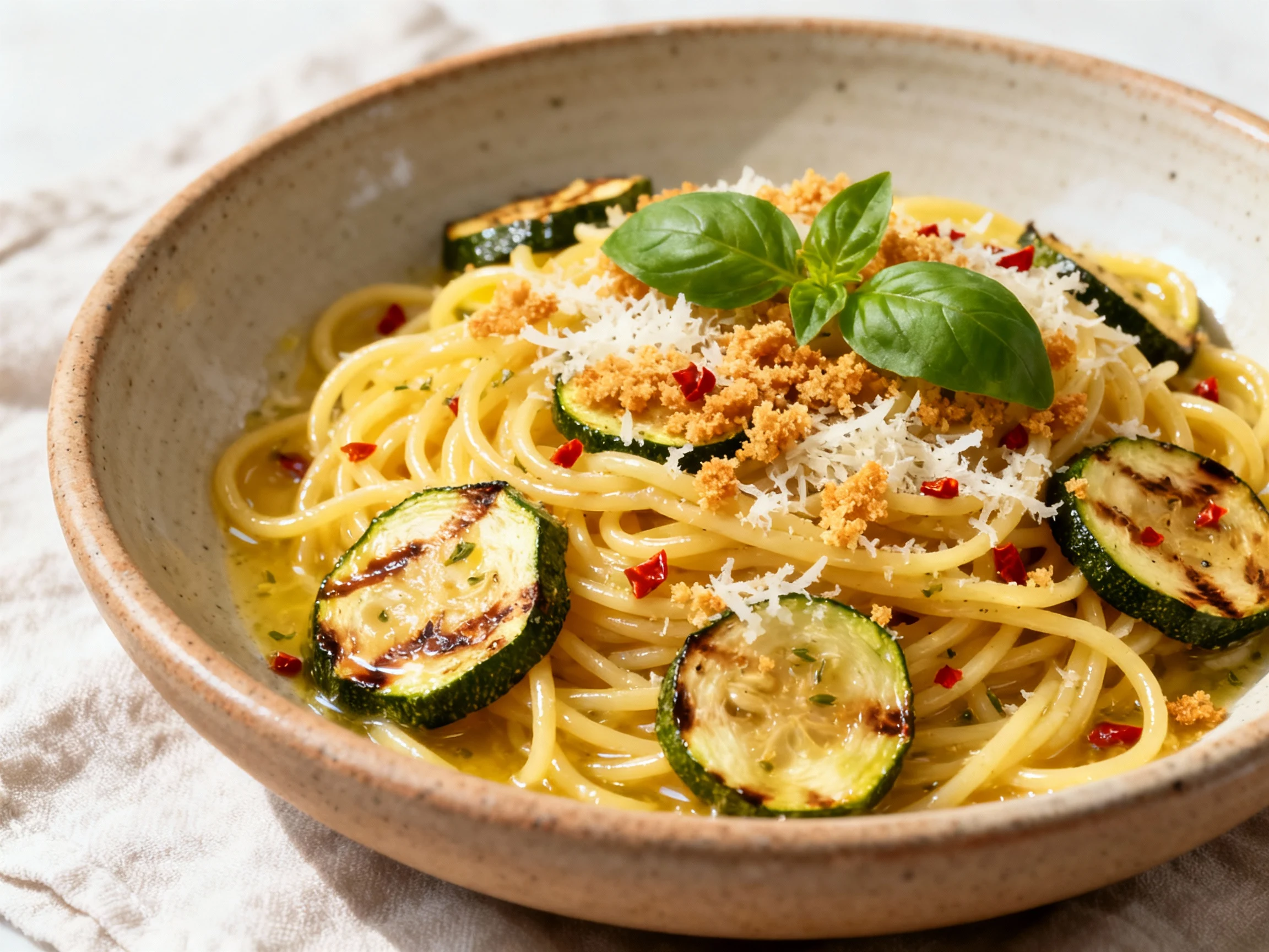 Food photography, Final dish presentation: spaghetti tossed with seared summer squash in lemon-garlic butter, glossy str