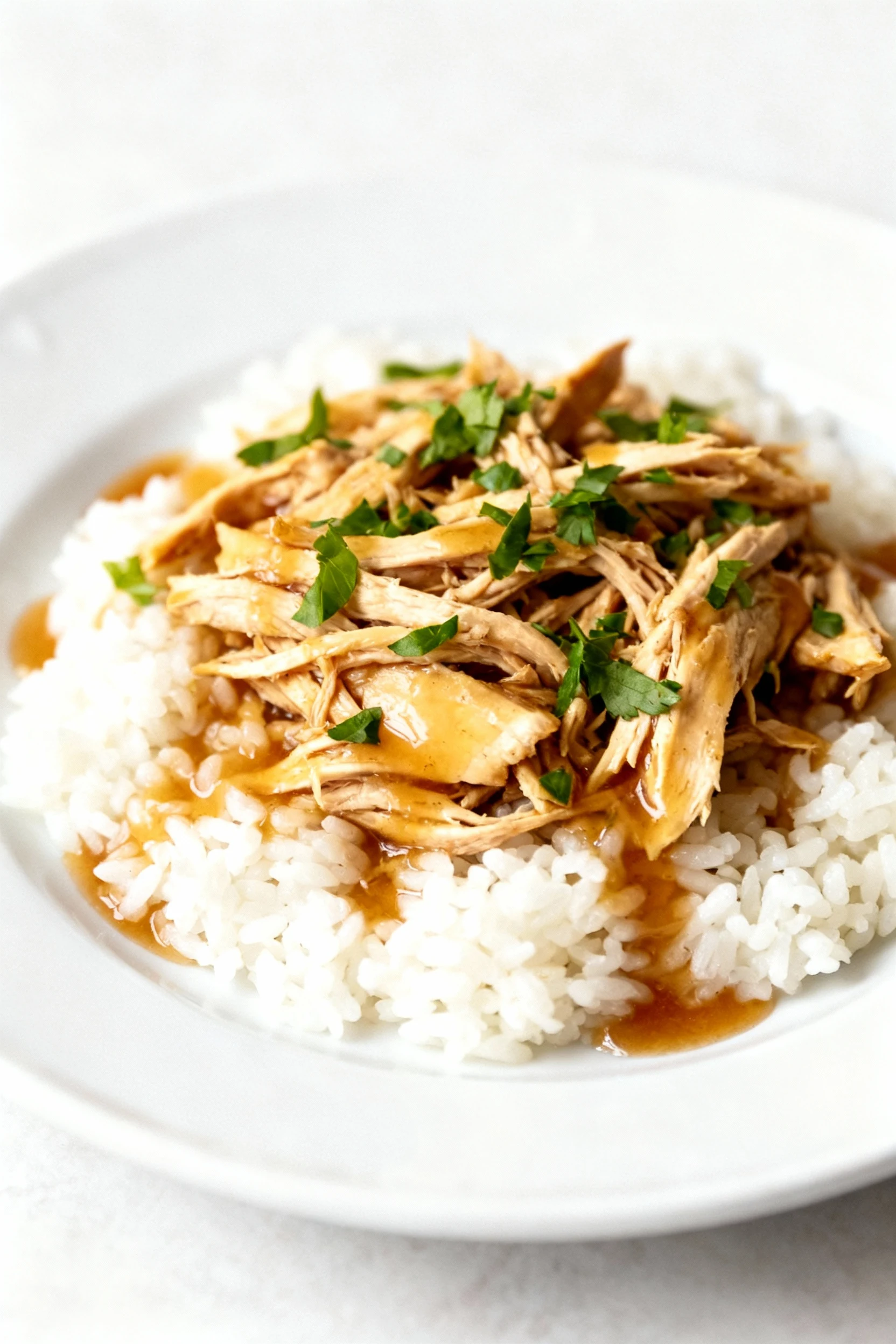 Elegant final plating of shredded crockpot chicken atop fluffy white rice, drizzled with savory broth reduction, sprinkl