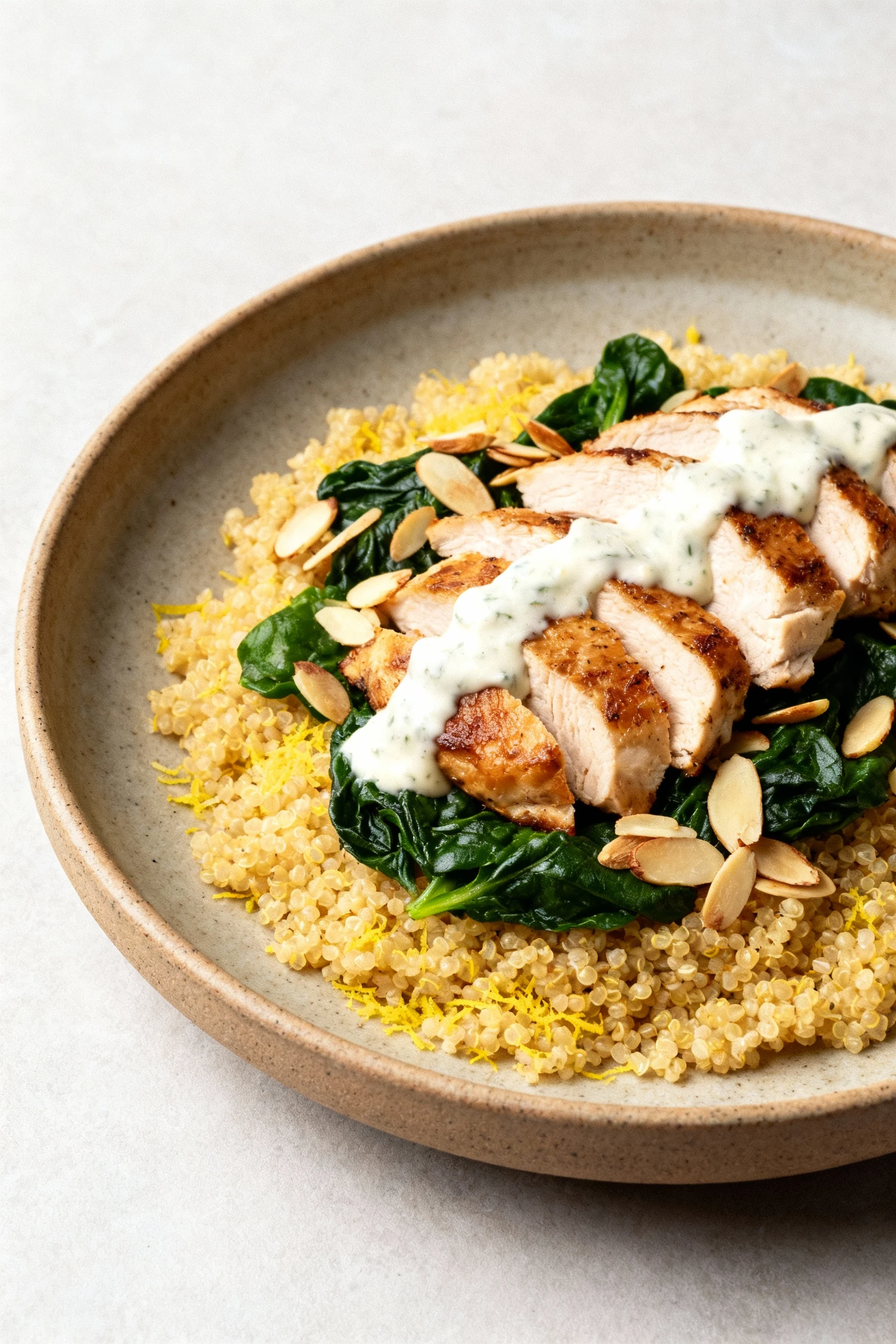 4. Restaurant‑quality plating: lemon‑zest quinoa topped with seared chicken slices, wilted spinach, toasted sliced almon