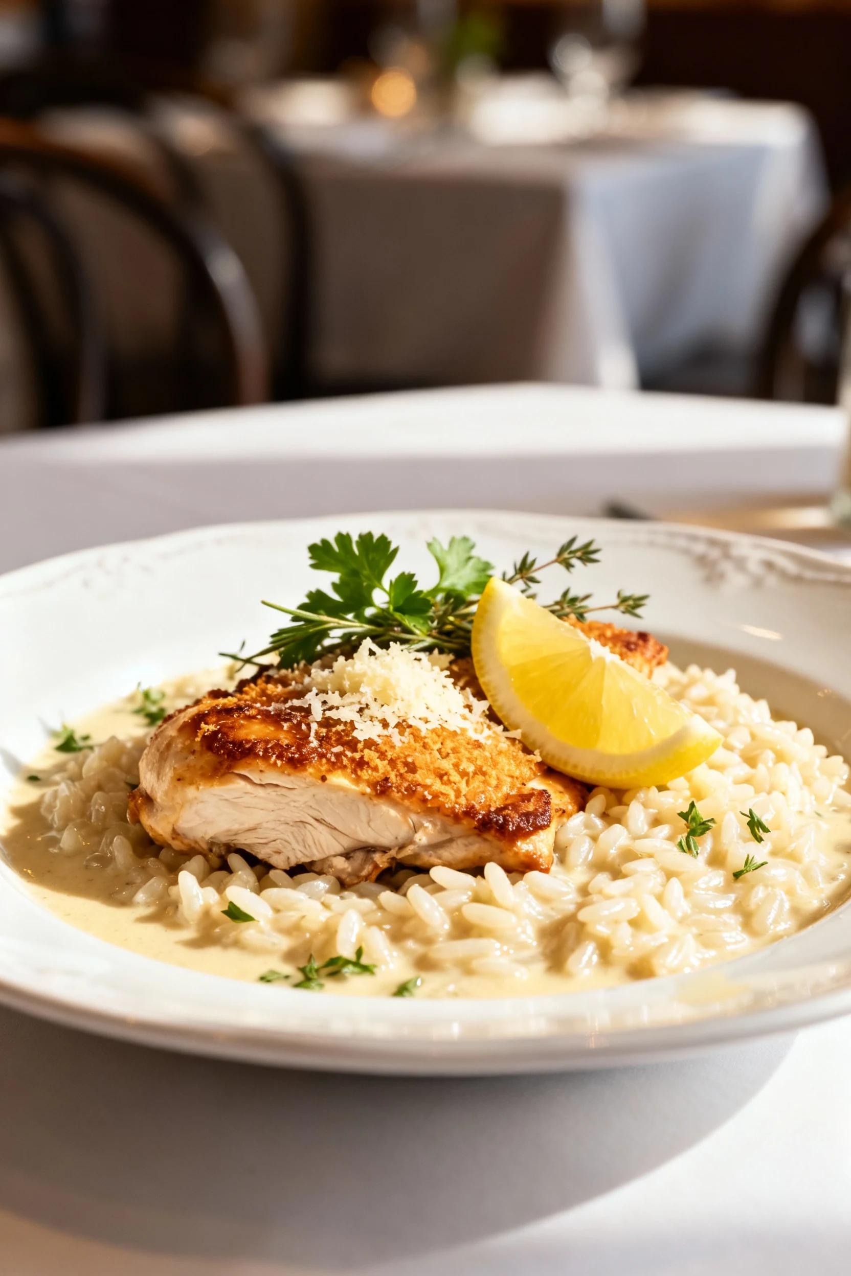 Beautifully plated creamy garlic chicken and rice on a white porcelain plate, finished with a squeeze of fresh lemon and