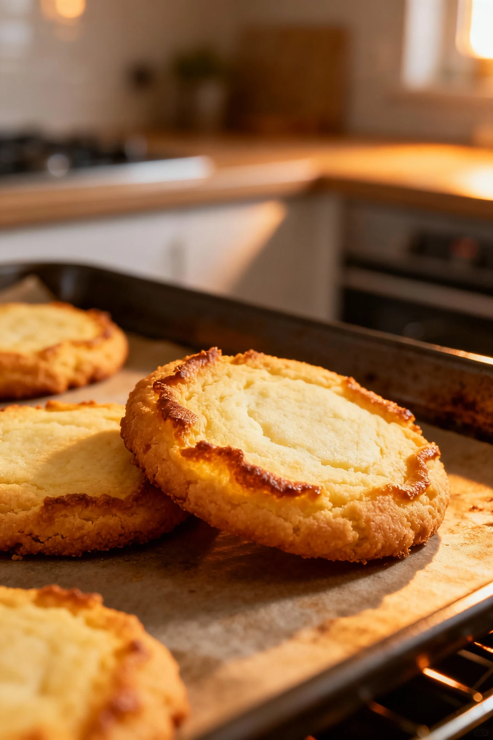 Process shot of golden cookies just out of the oven on a baking sheet, edges lightly crisped while centers appear slight