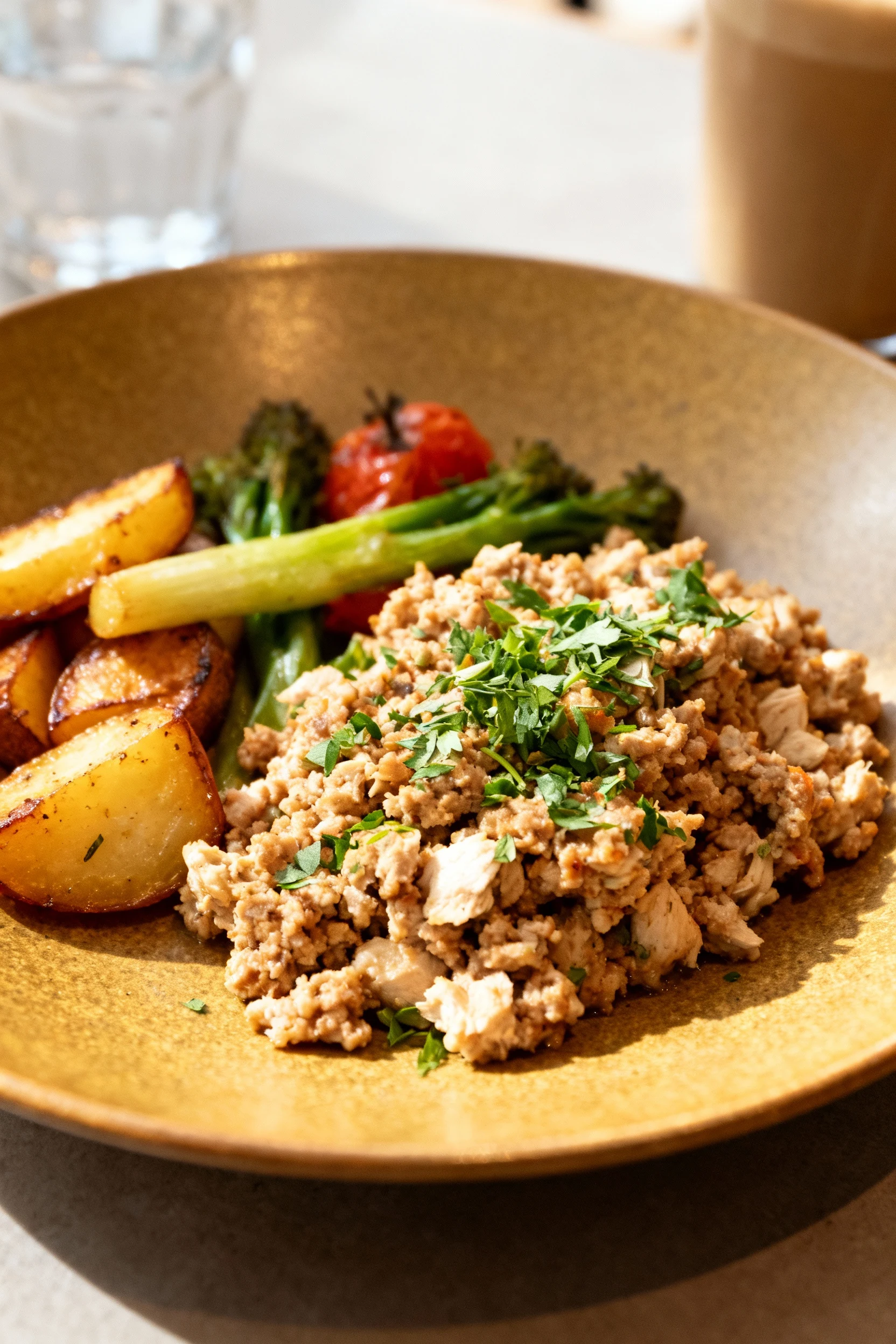 4. Beautifully plated ground chicken dish with mixed herbs sprinkled over the top, accompanied by roasted vegetables for