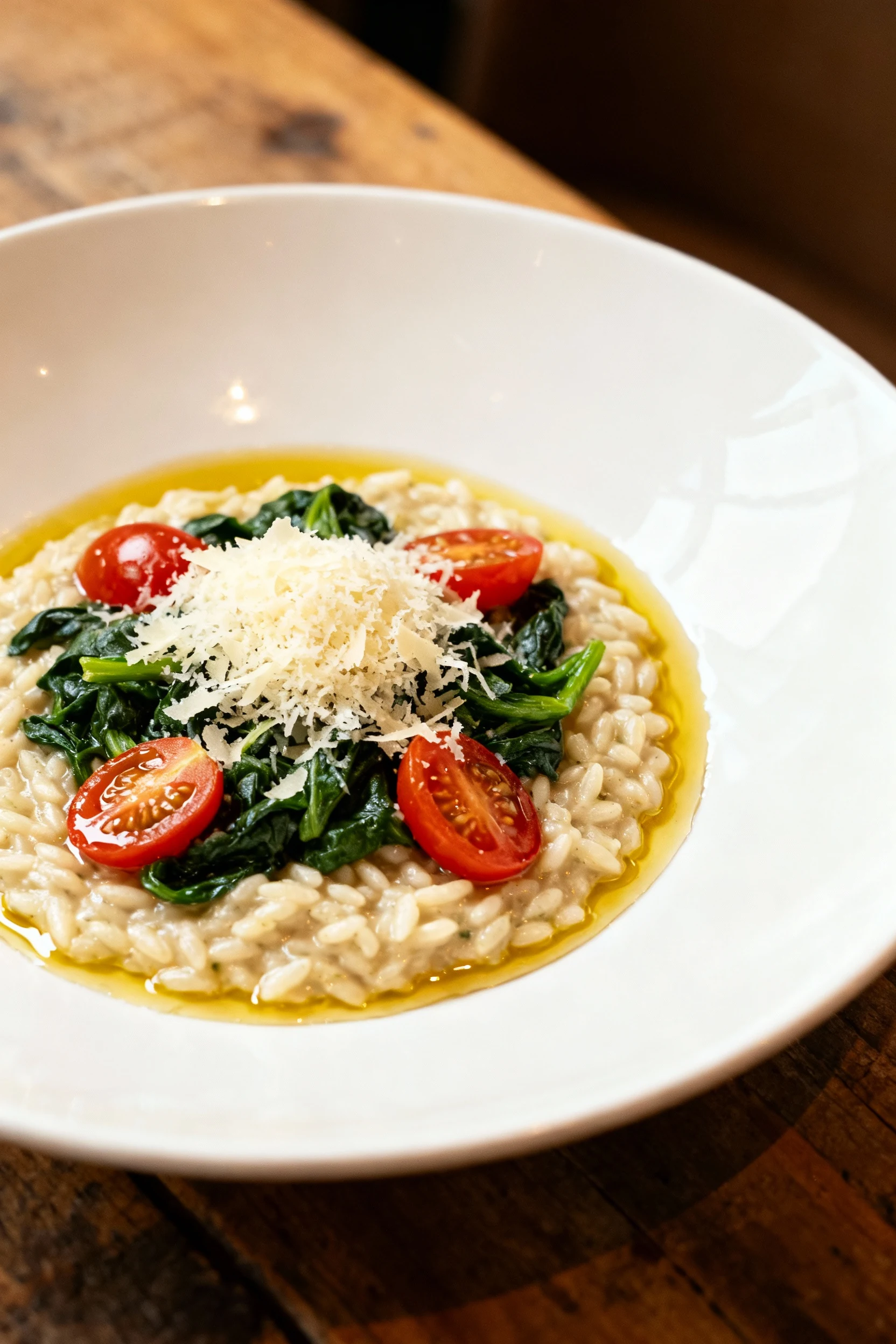 Elegant restaurant-style plating of creamy orzo with spinach and cherry tomatoes in a wide white shallow bowl, crowned w