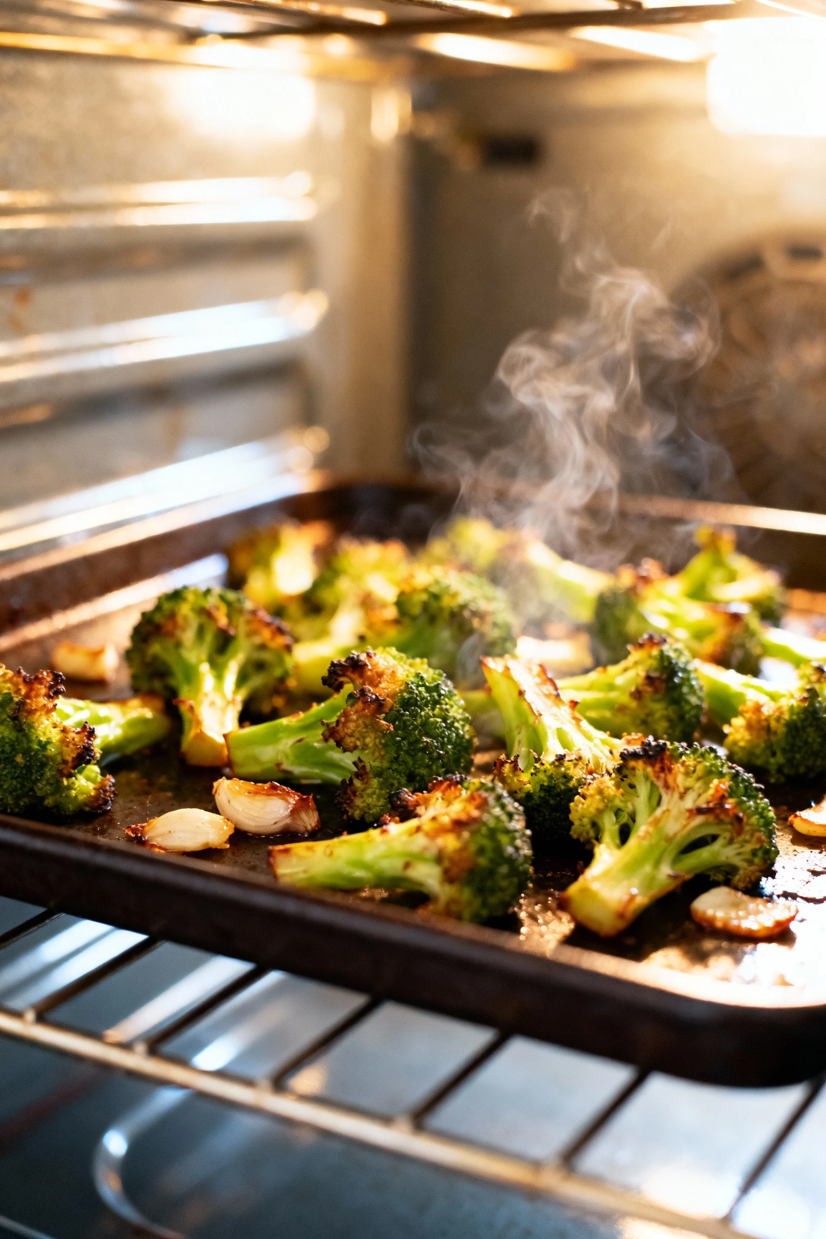 Roasted broccoli being removed from the oven on a dark metal baking sheet, edges visibly crisp and slightly charred, ste