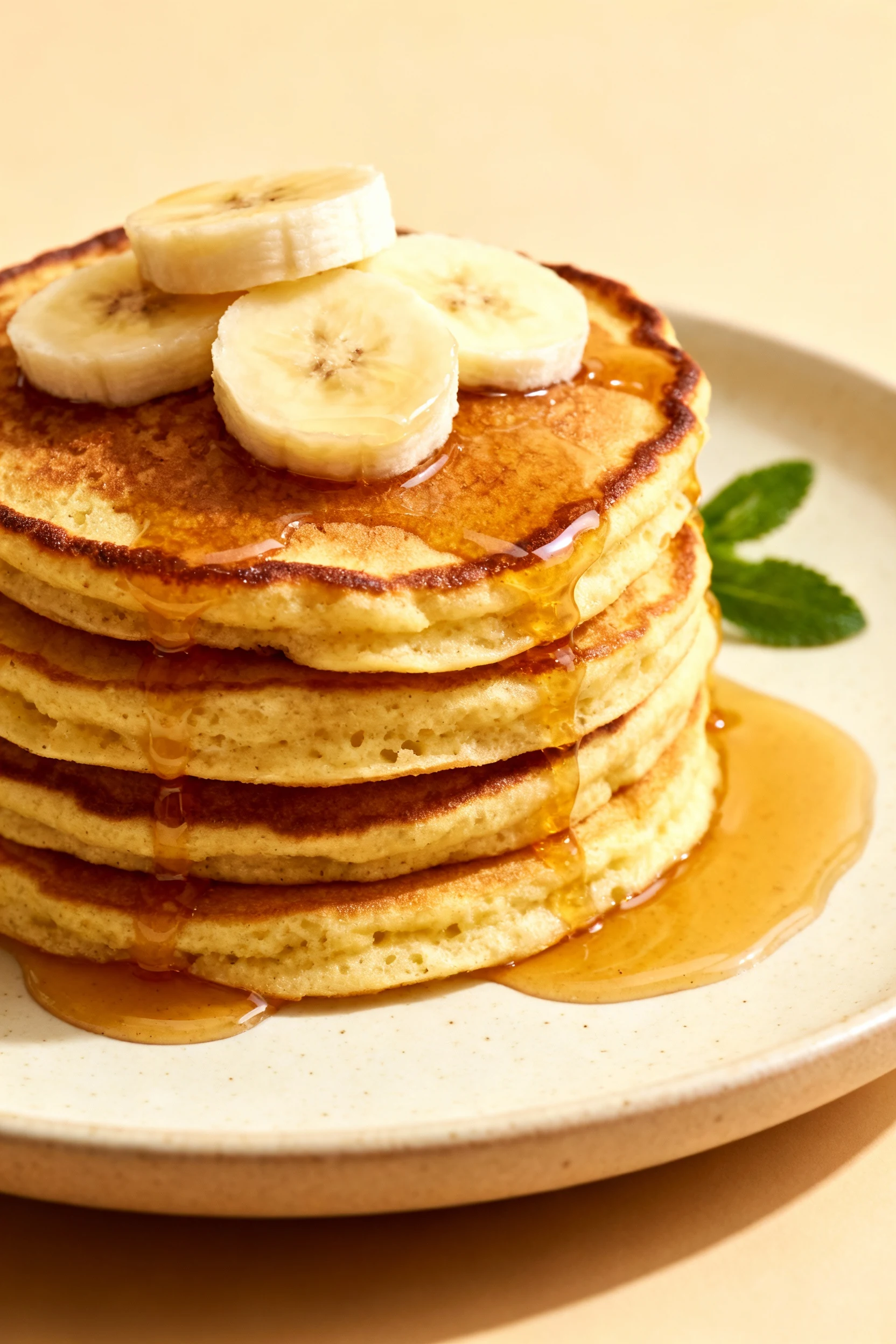Beautifully plated vegan banana pancakes with crisp edges and fluffy centers, stacked high, drizzled with maple syrup an