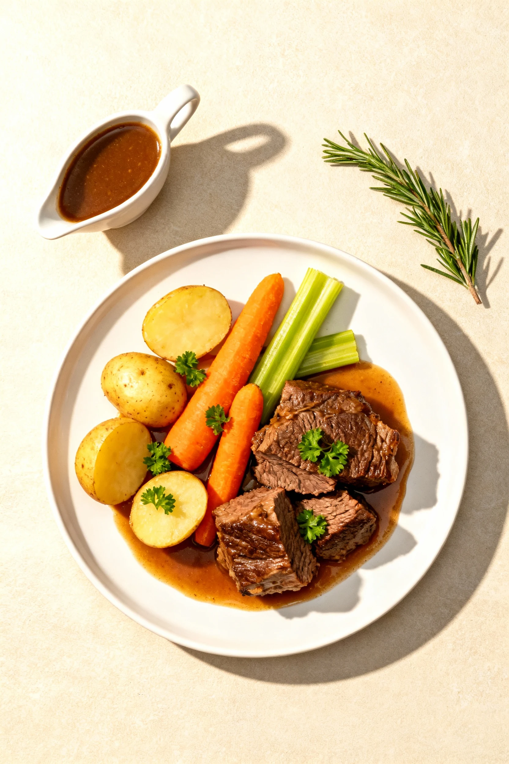 Tasty top view: Overhead shot of a composed dinner plate—pot roast chunks with carrots, potatoes, and celery, extra grav