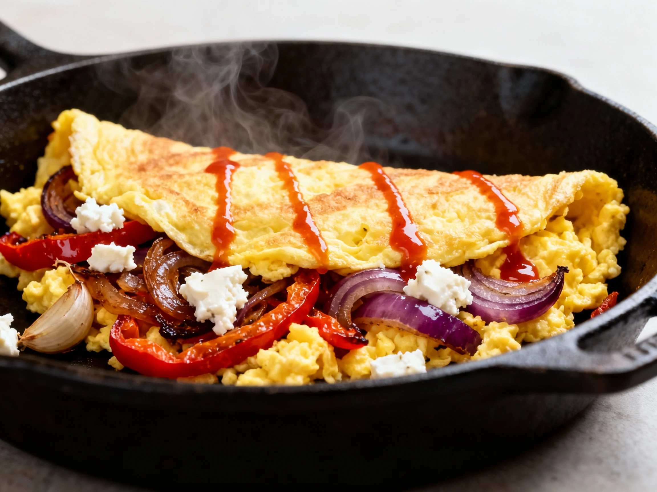 Food photography, 4. Close-up of fluffy egg scramble folded with roasted peppers and garlic, caramelized red onion, tang